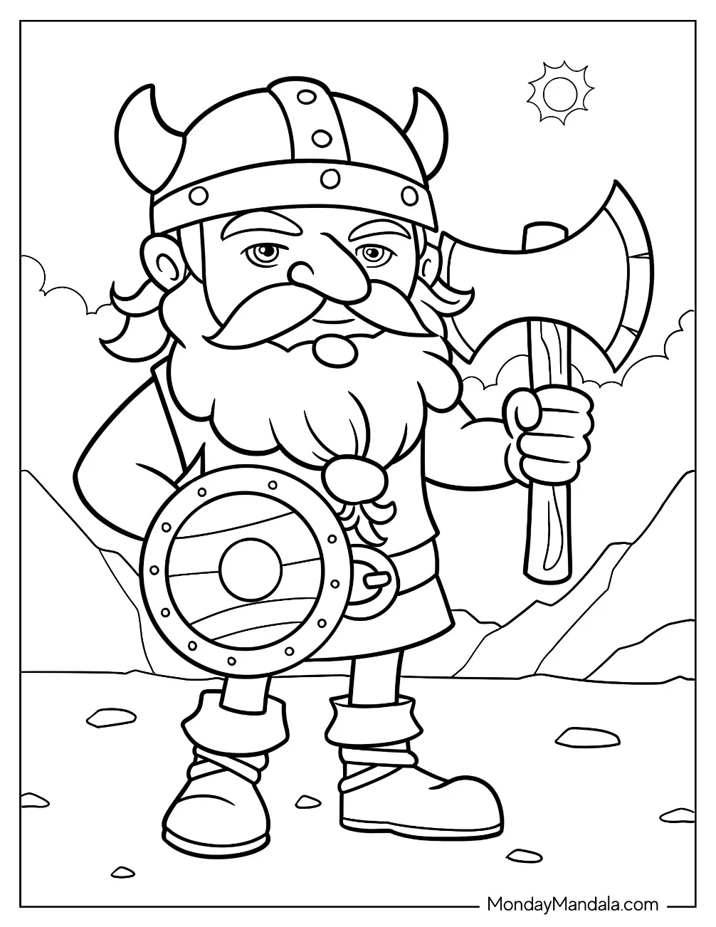 Male Viking Coloring Page Carrying A Shield And Axe For Kids coloring page