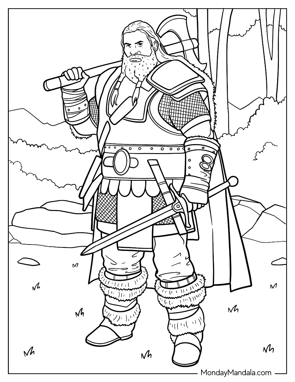 Massive Viking Coloring Page In Full Armor With Long Axe coloring page