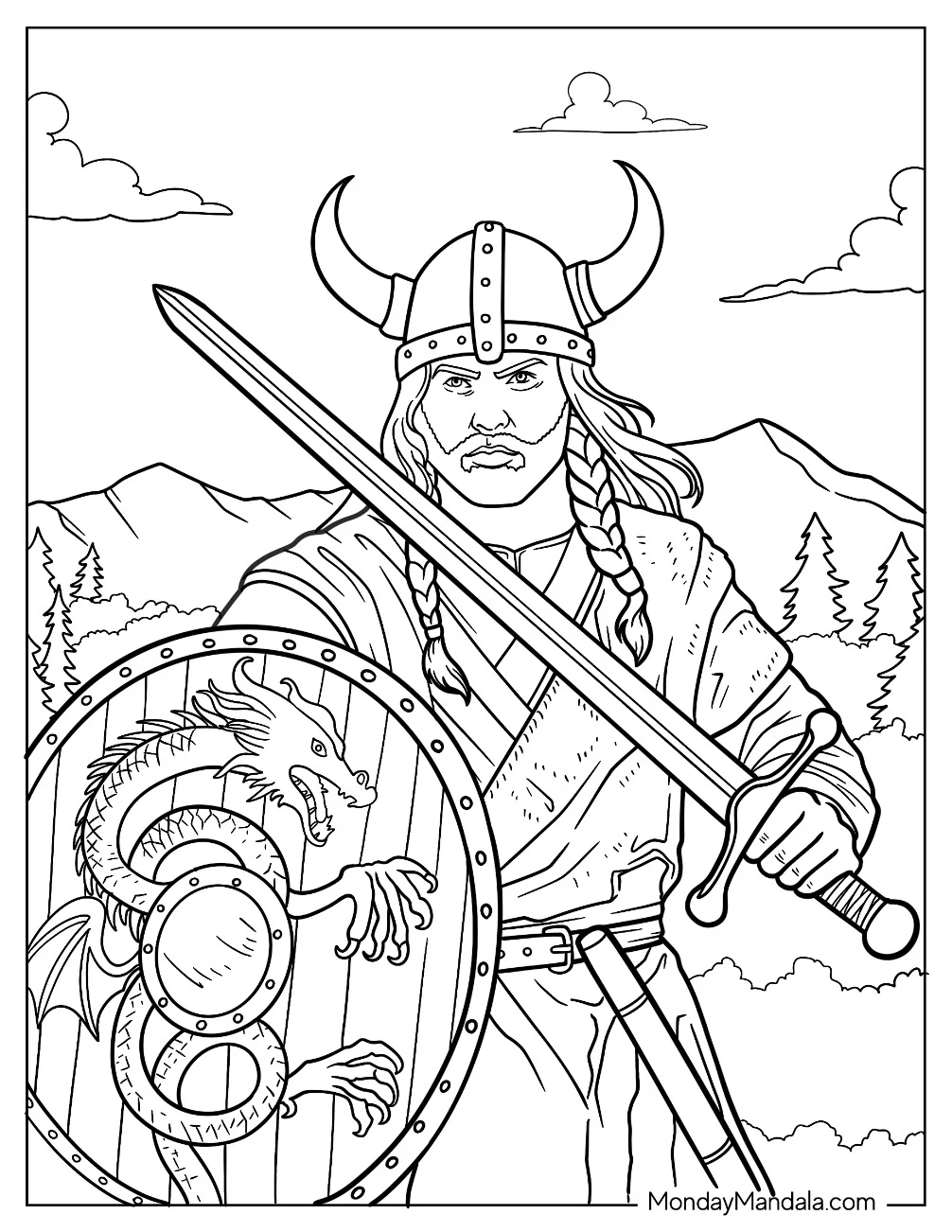 Realistic Viking Coloring Page Warrior With Sword And Shield coloring page