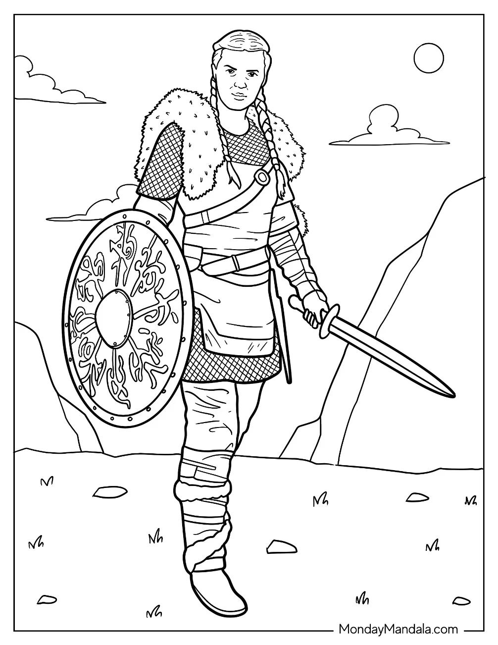 Realistic Woman Viking Coloring Page In The Mountain With Shield And Sword coloring page