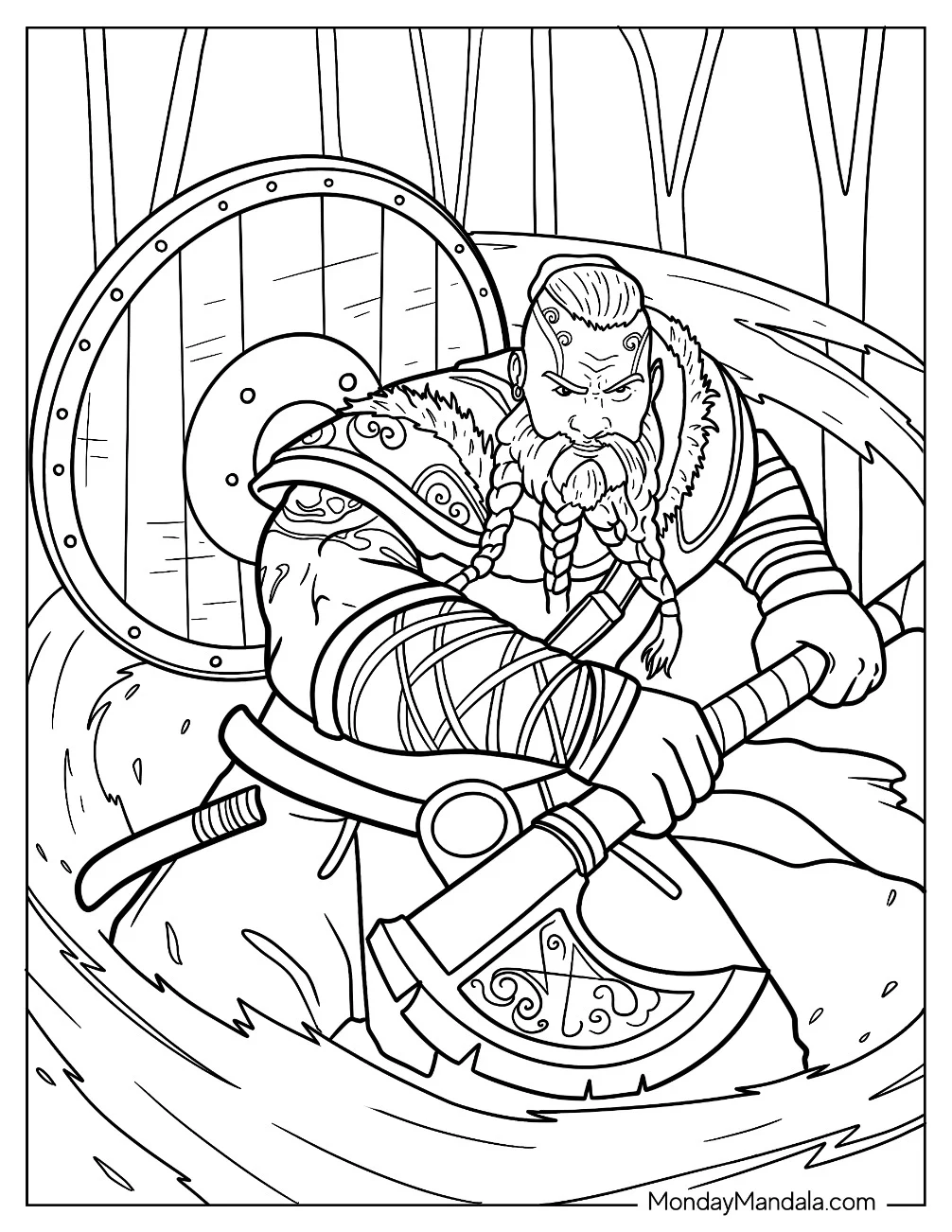 Scary Viking Swinging His Axe coloring page