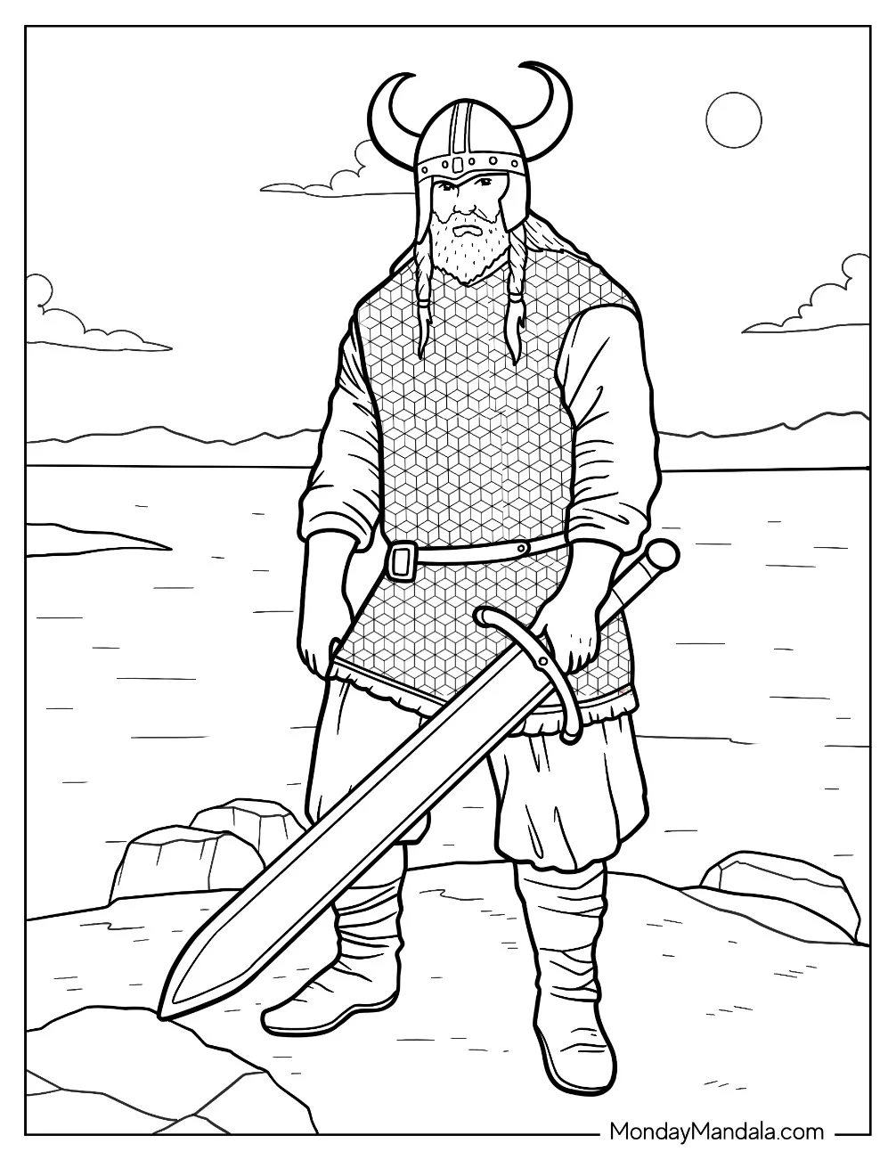 Viking Coloring Page With A Large Sword Standing On A Cliff coloring page