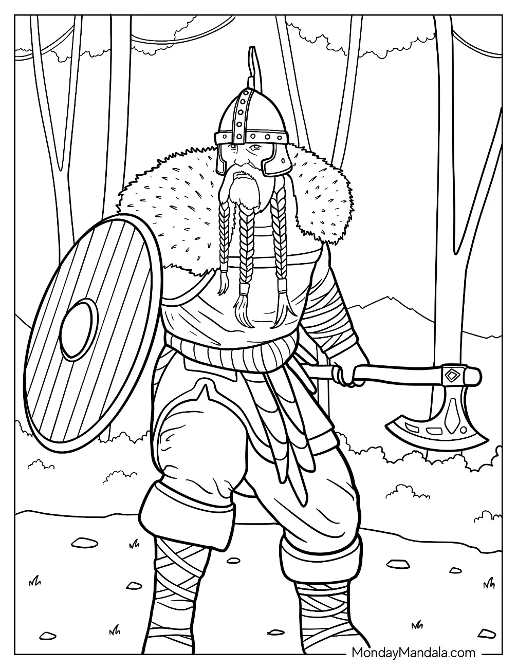 Viking Coloring Page With Braided Beard, Axe, And Shield In The Forest coloring page
