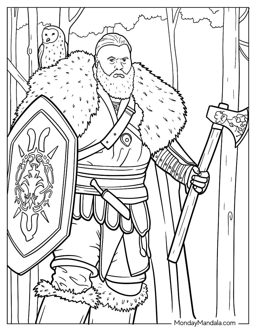 Viking Coloring Page With Fur Trimmed Cape, Owl, Shield, And Axe coloring page