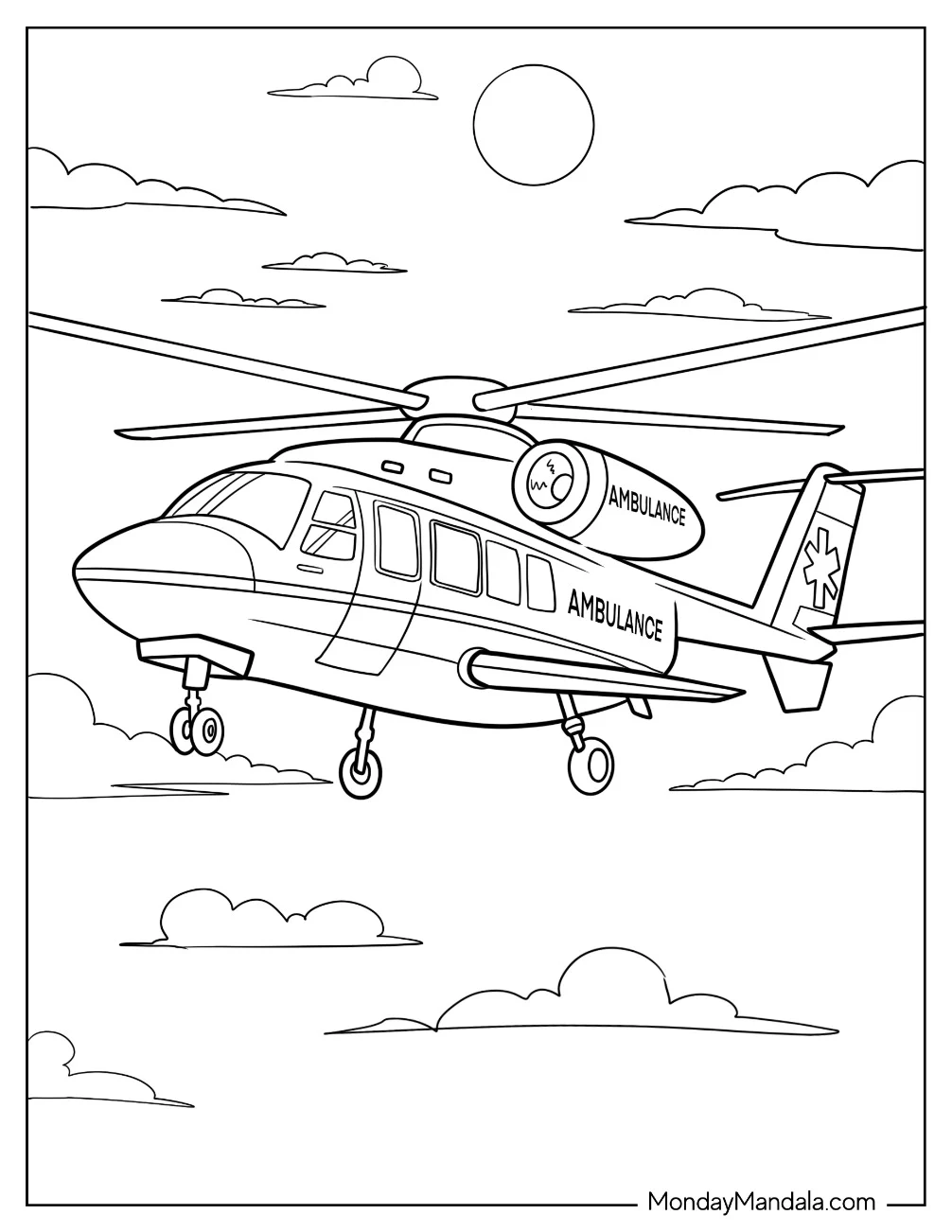 Air Ambulance Coloring Page Helicopter Flying in Cloudy Sky coloring page
