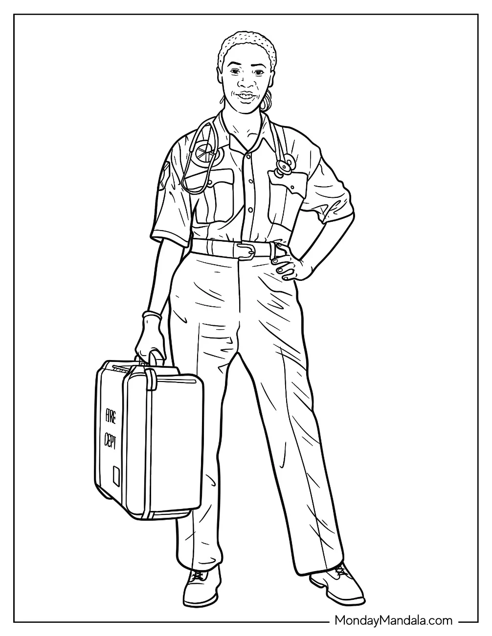 Ambulance Coloring Page Of Female Paramedic Carrying Equipment coloring page