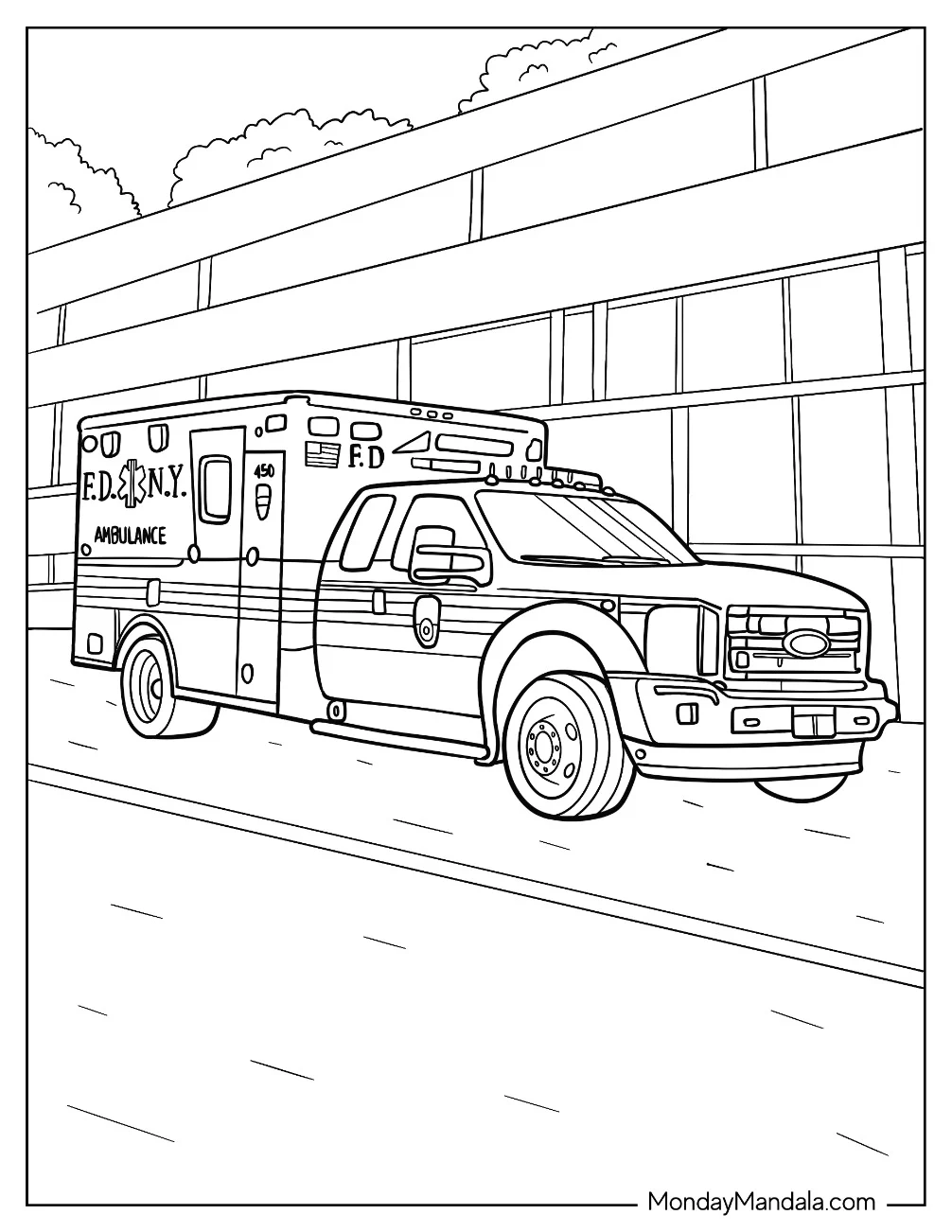 Ambulance Coloring Page Parked Beside A Hospital coloring page