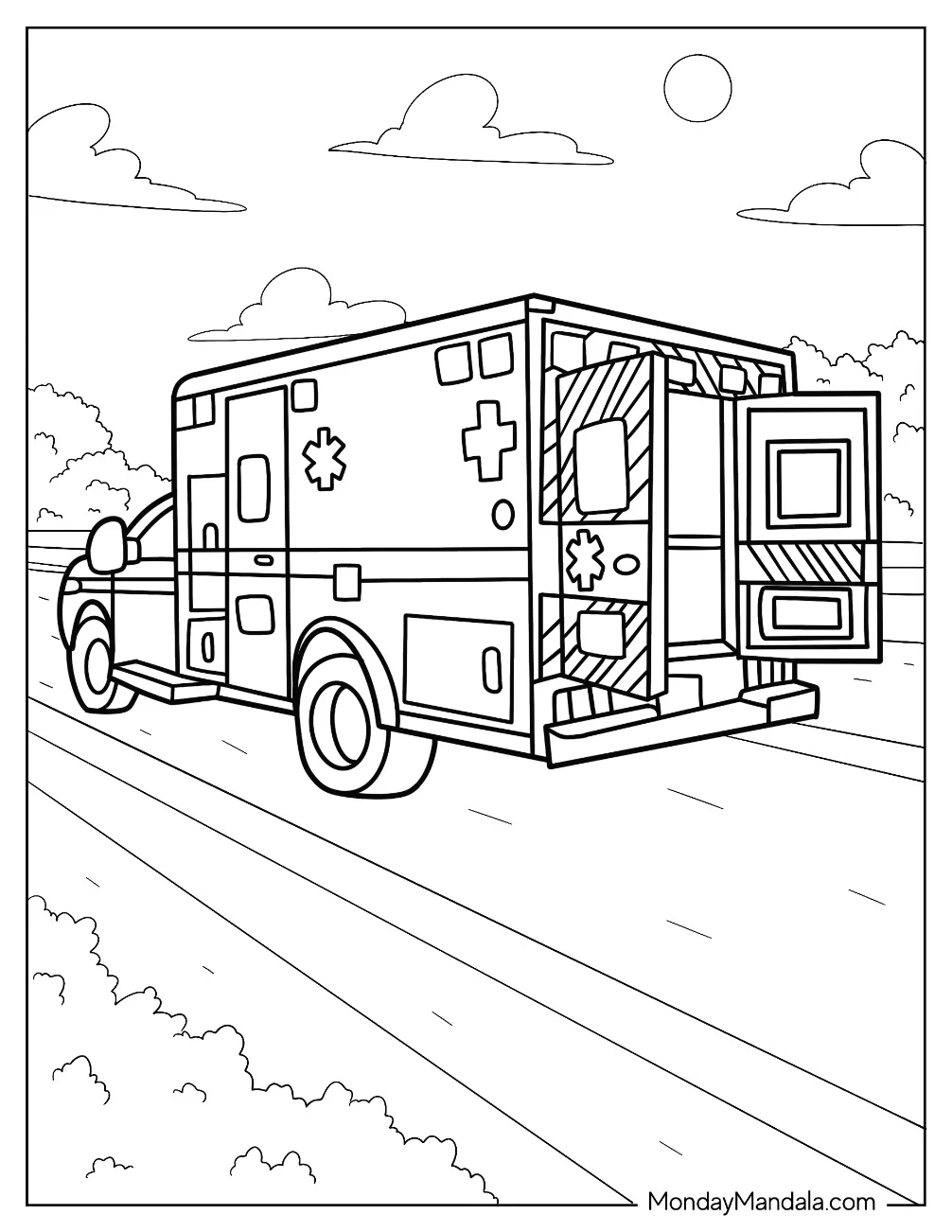 Ambulance Coloring Page With Open Doors coloring page — printable line art
