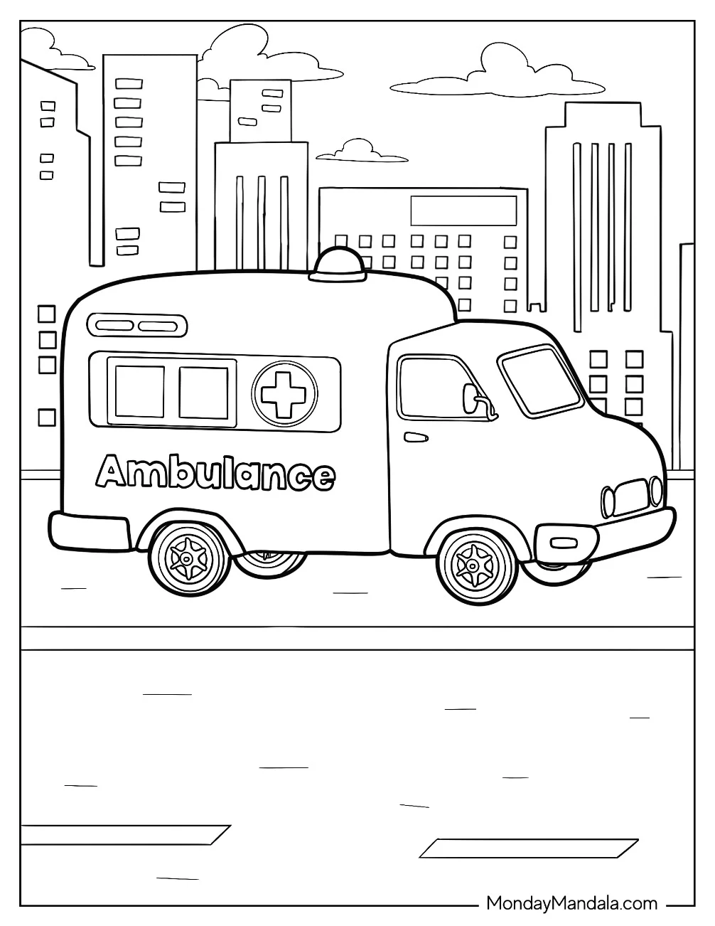 Cartoon Ambulance Coloring Page In The City For Kids coloring page — printable line art