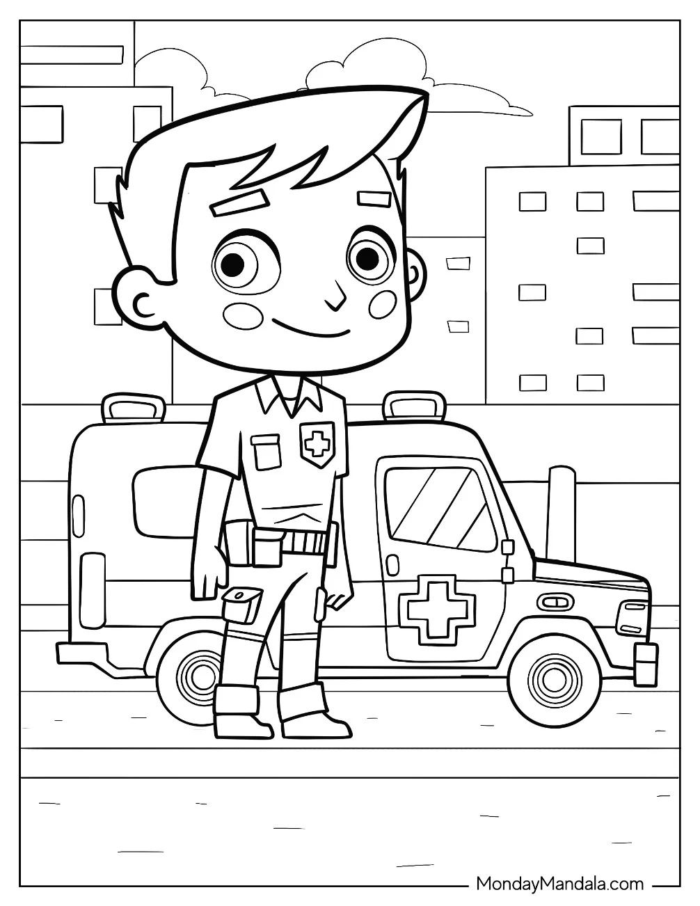Chibi Paramedic Standing Beside An Ambulance Coloring Page coloring page — printable line art