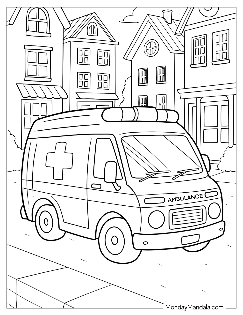 Classic City Ambulance Coloring Page Driving Through a Charming Neighborhood for Kids coloring page