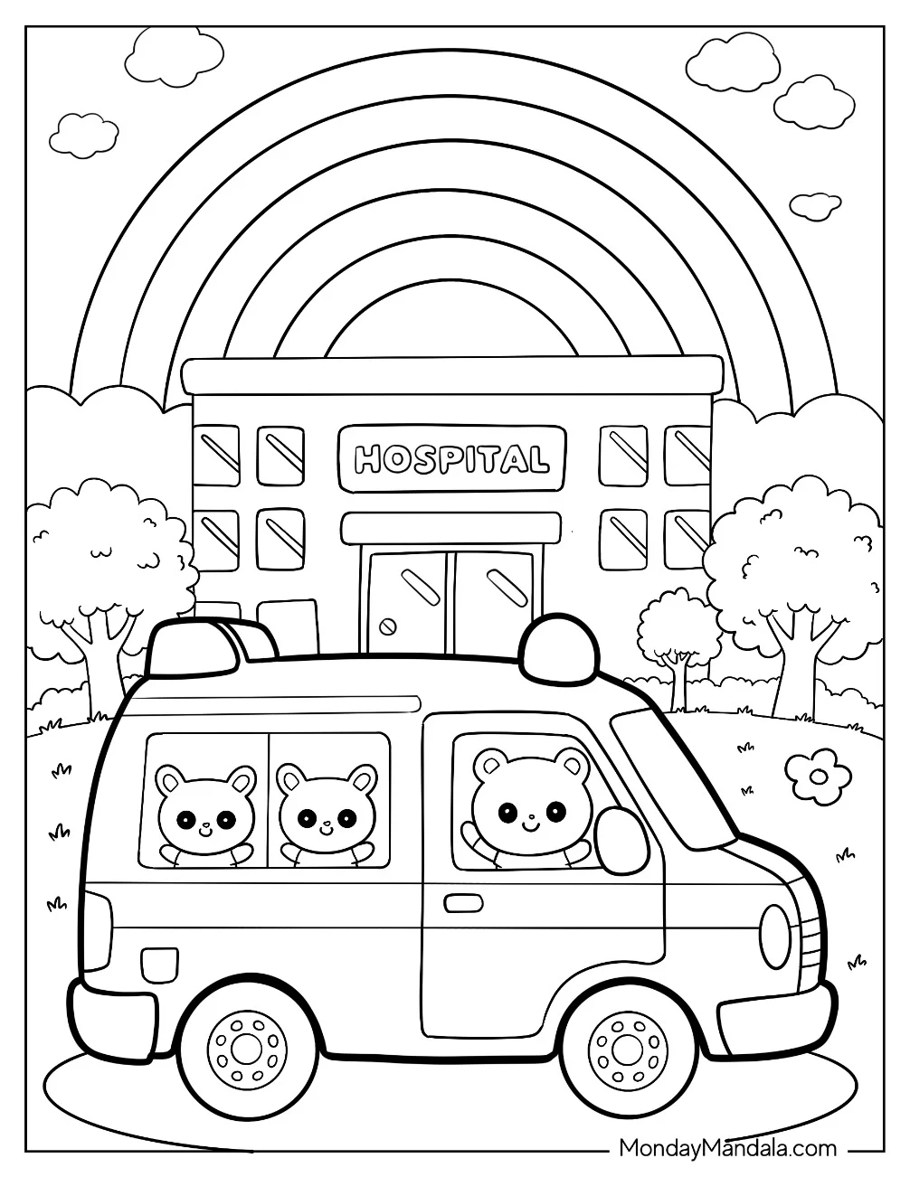 Cute Animal Ambulance Coloring Page in Front of Hospital with Rainbow for Kids coloring page
