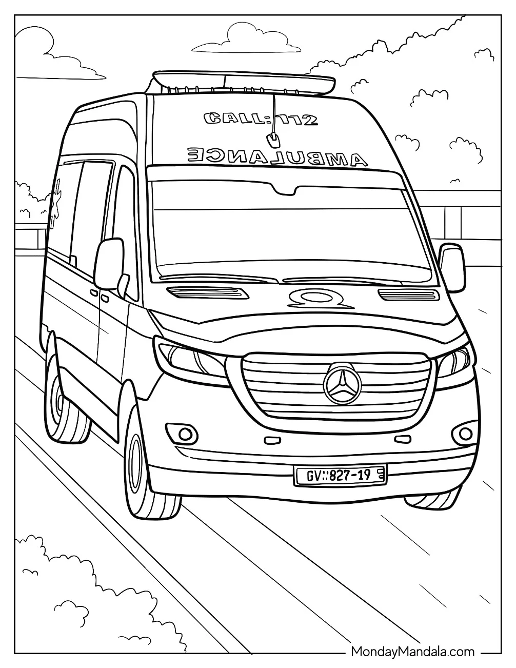 Front View Of Ambulance Coloring Page Speeding On The Road coloring page — printable line art