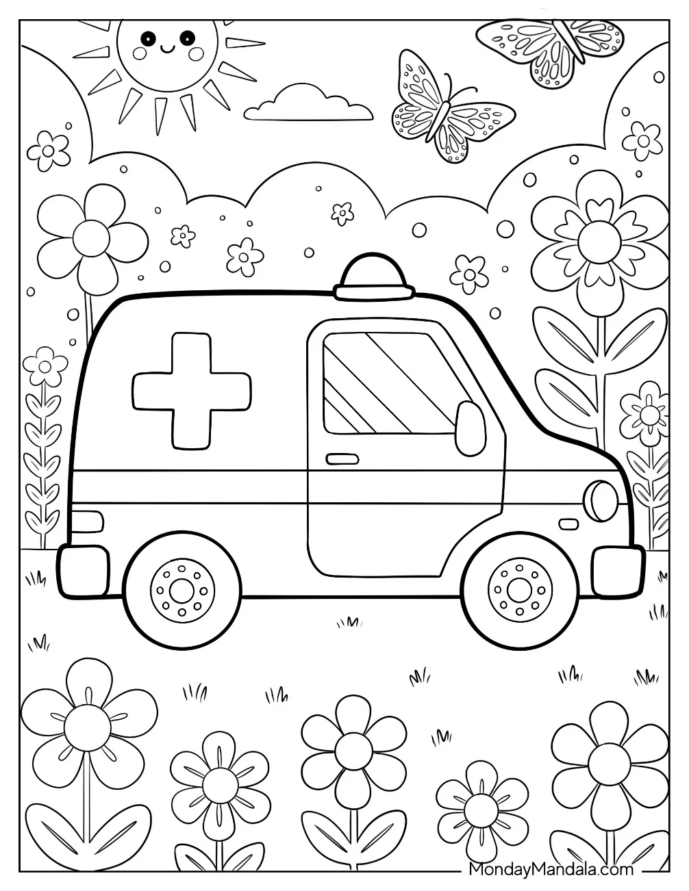 Kawaii Ambulance Coloring Page Driving through Flower Field for Preschoolers coloring page