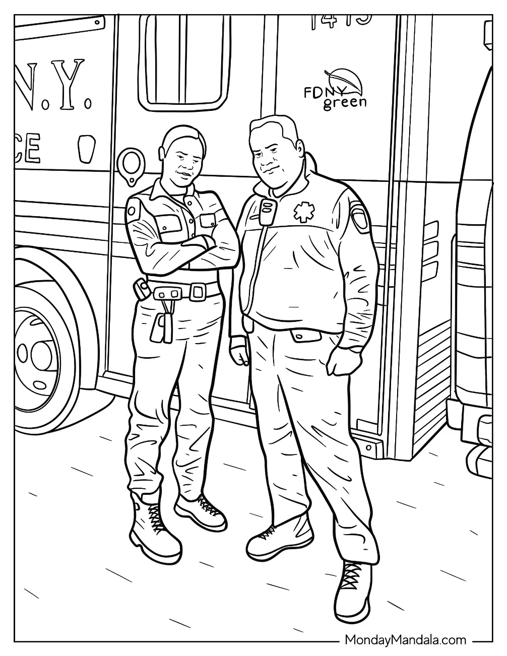 Male And Female Paramedics Standing In Front Of An Ambulance Coloring Page coloring page