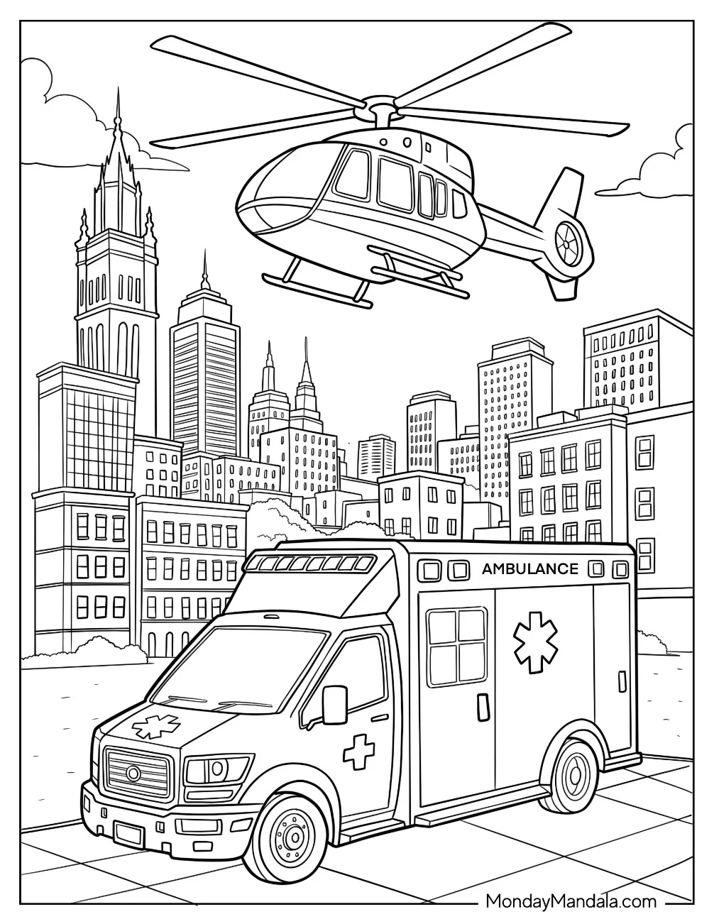 Modern City Ambulance and Medical Helicopter Ready for Emergency Response Coloring Pages coloring page