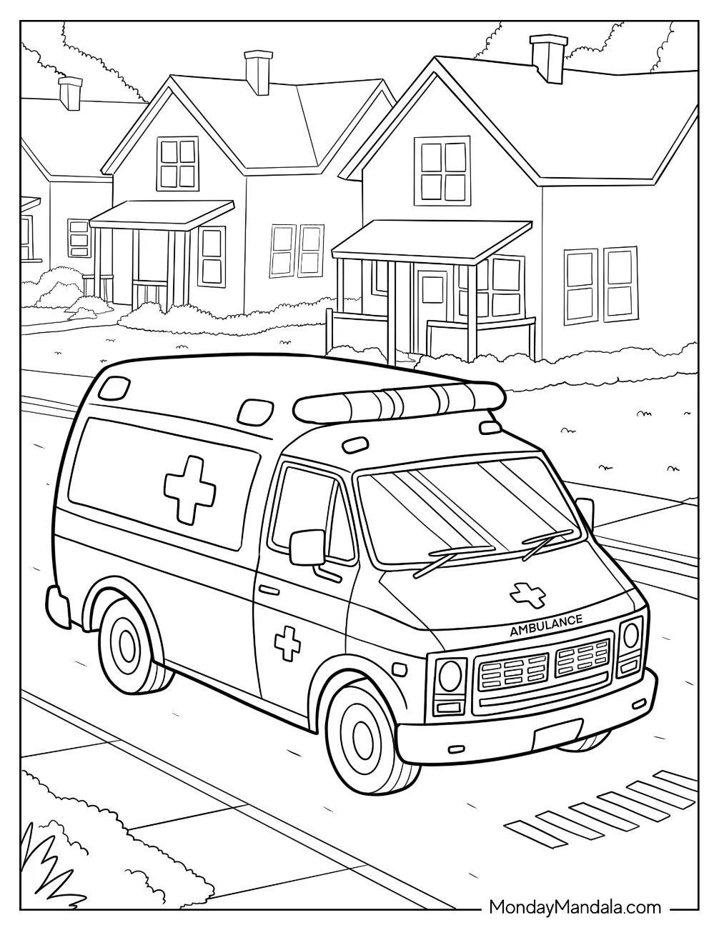 Neighborhood Ambulance Coloring Page Driving Down a Suburban Street coloring page — printable line art