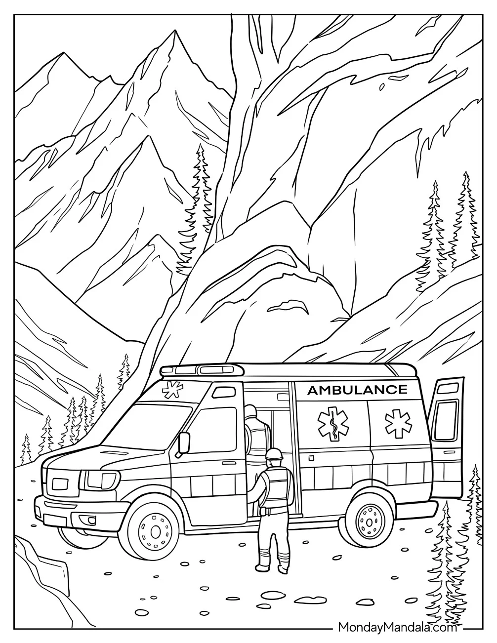 Paramedic Operating a Rescue Ambulance Coloring Page in Rugged Mountain Terrain coloring page — printable line art