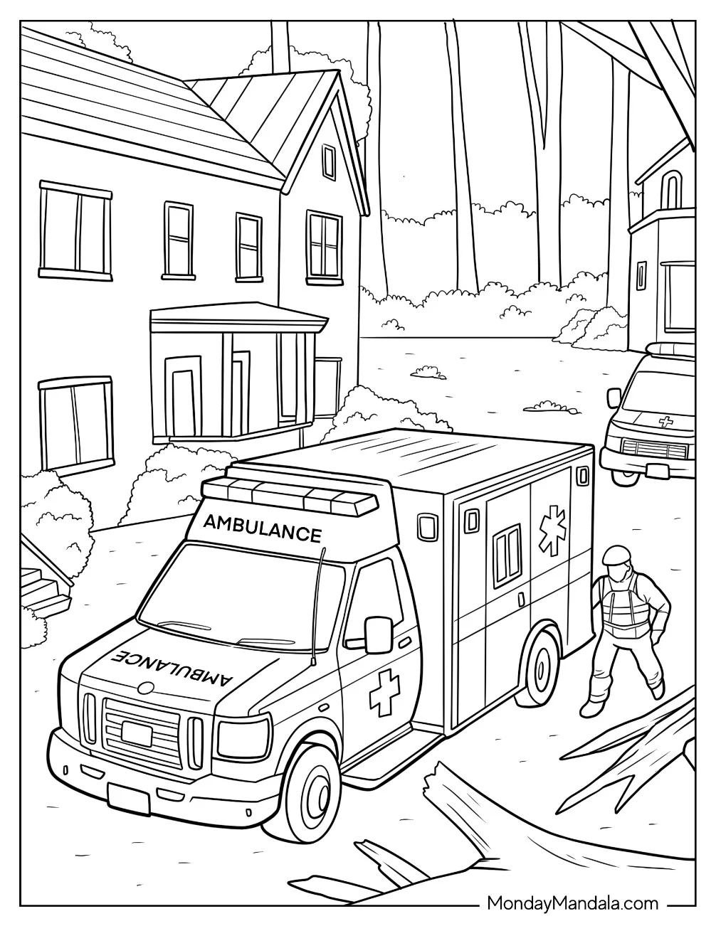 Paramedic Standing Beside an Ambulance Coloring Page at a Rural Home coloring page