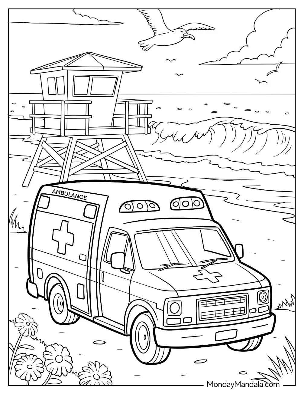 Realistic Ambulance Coloring Page Parked at the Beach with Tall Waves coloring page — printable line art