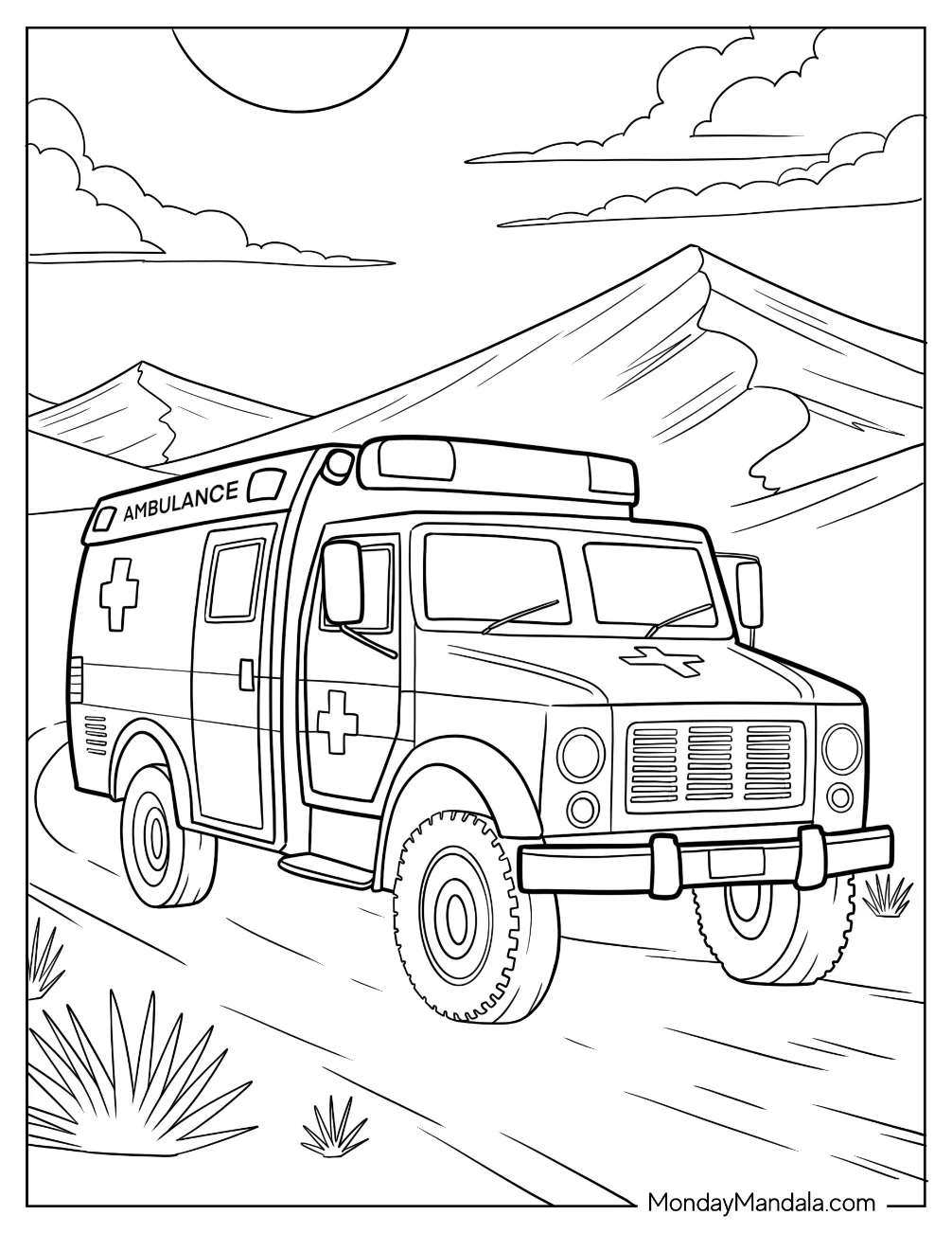 Rugged Off Road Ambulance Coloring Page Driving Through Mountain Terrain coloring page — printable line art