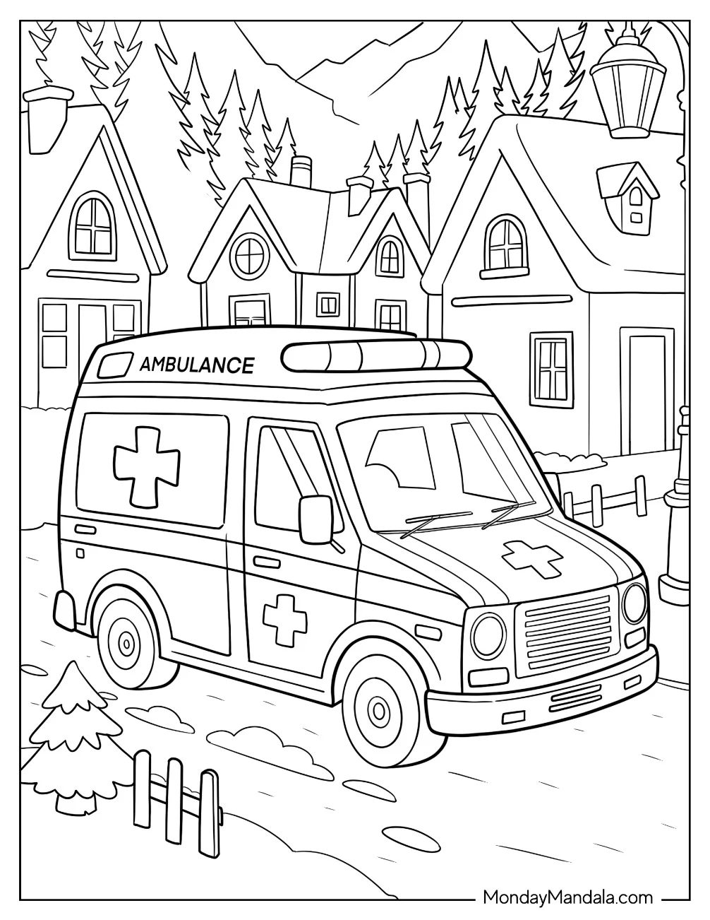 Rural Ambulance Coloring Page Making Rounds in a Scenic Mountain Village for Kids coloring page — printable line art