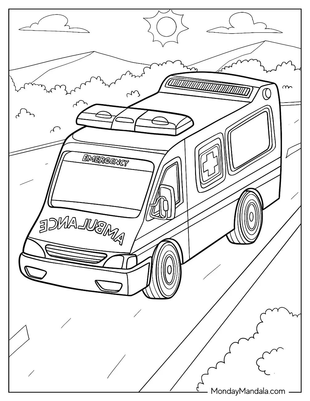 Simple Ambulance Coloring Page Driving On The Street coloring page