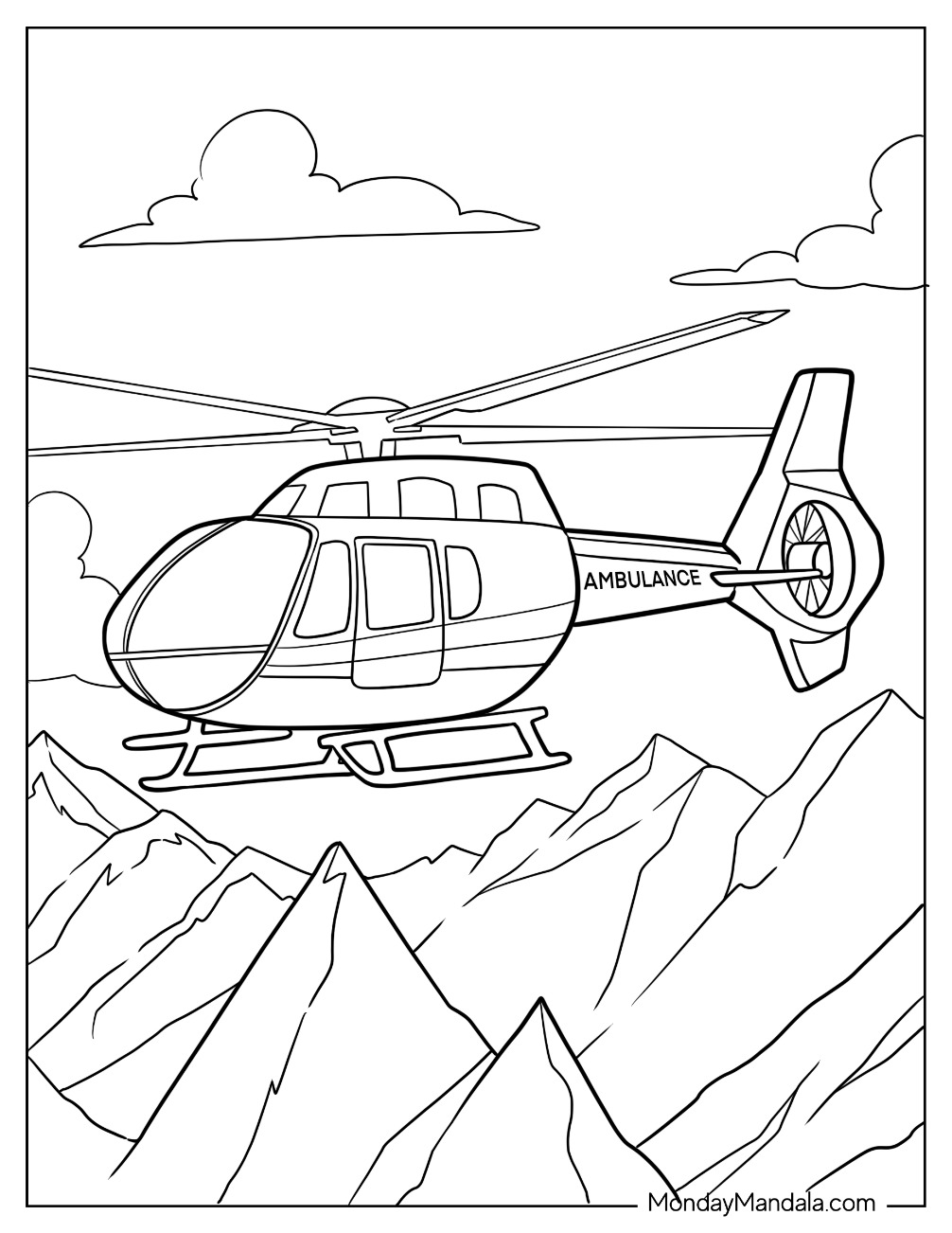 Sleek Medical Ambulance Coloring Page Helicopter Flying Over Mountain Peaks coloring page