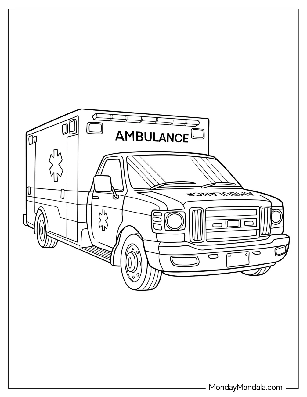 Traditional Ambulance Coloring Page with Bold Lettering coloring page — printable line art