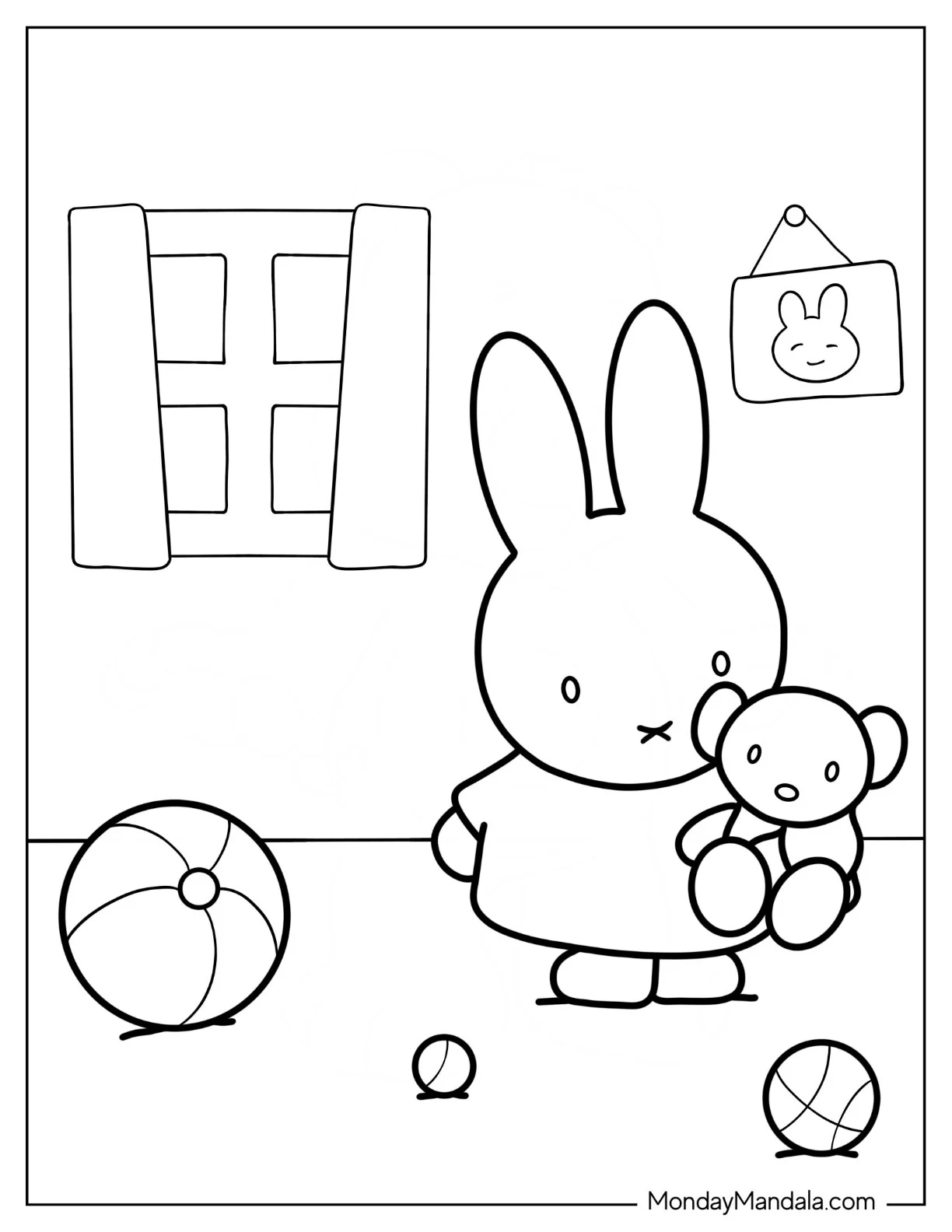 Easy Miffy Coloring Page Holding Stuffed Bear For Kids coloring page