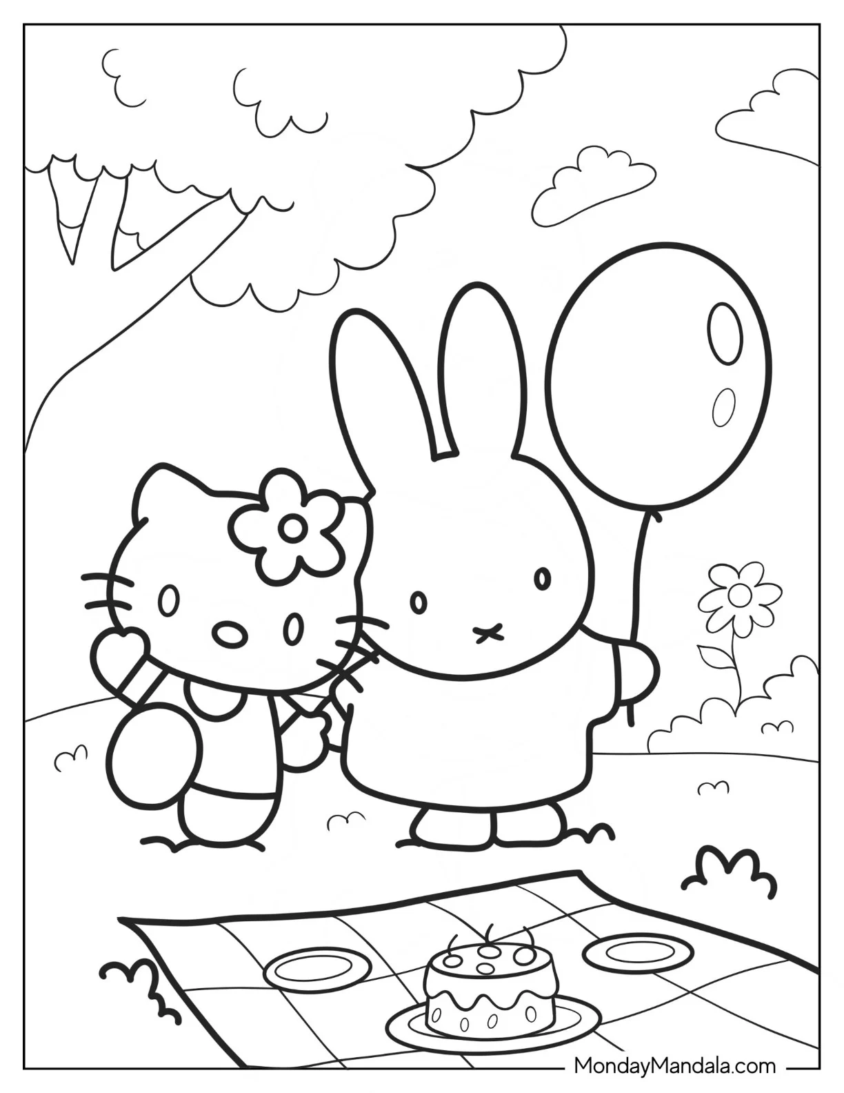 Hello Kitty And Miffy Coloring Page Having A Picnic coloring page — printable line art