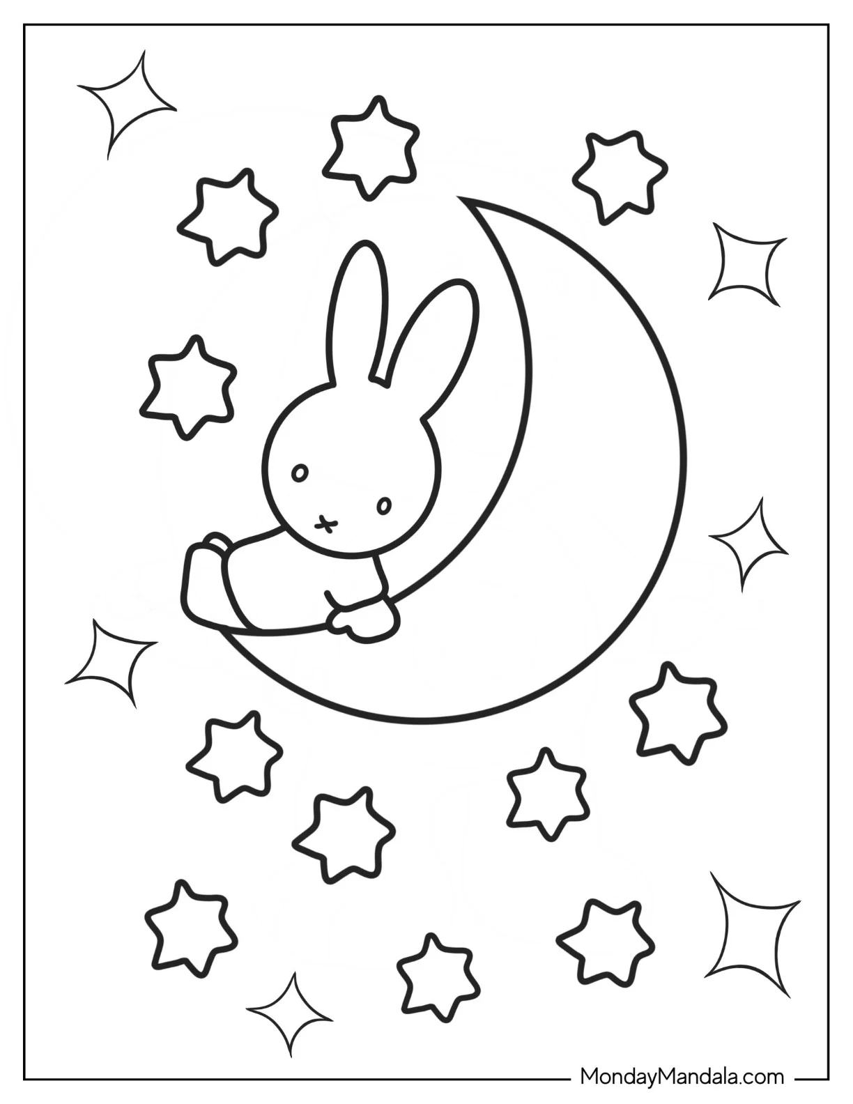 Kawaii Miffy Coloring Page Sitting On A Crescent Moon For Preschoolers coloring page