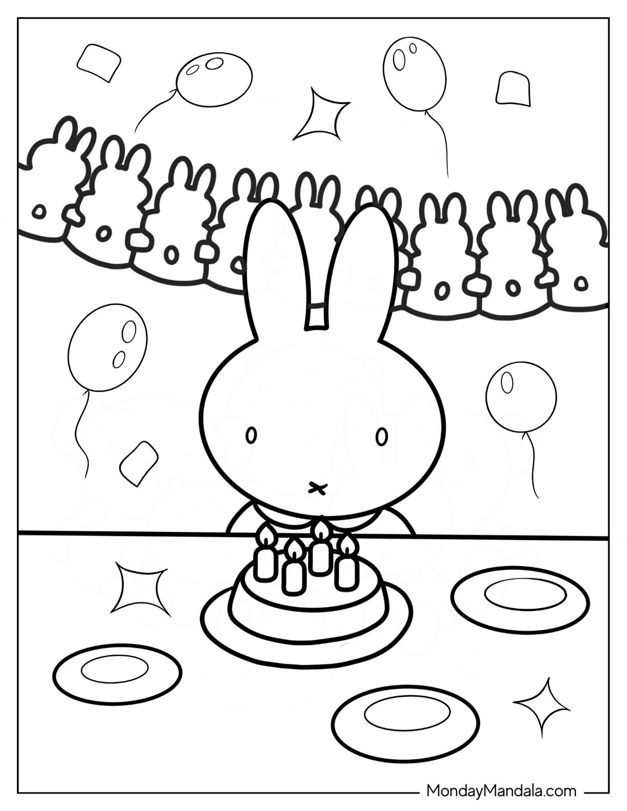 Miffy Coloring Page Celebrating Birthday With Streamer And Cake For Kids coloring page