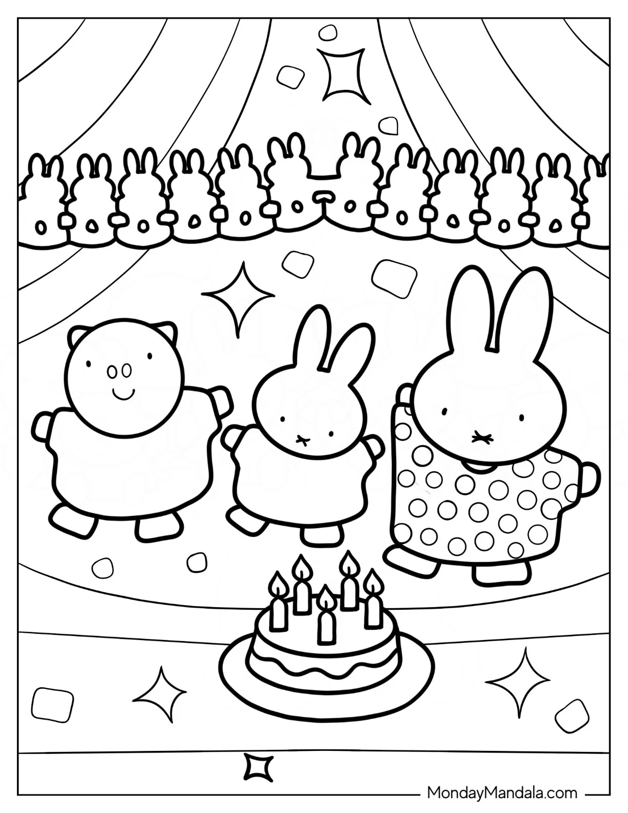 Miffy Coloring Page Of Melanie, And Poppy Pig Dancing In Front Of Birthday Cake coloring page