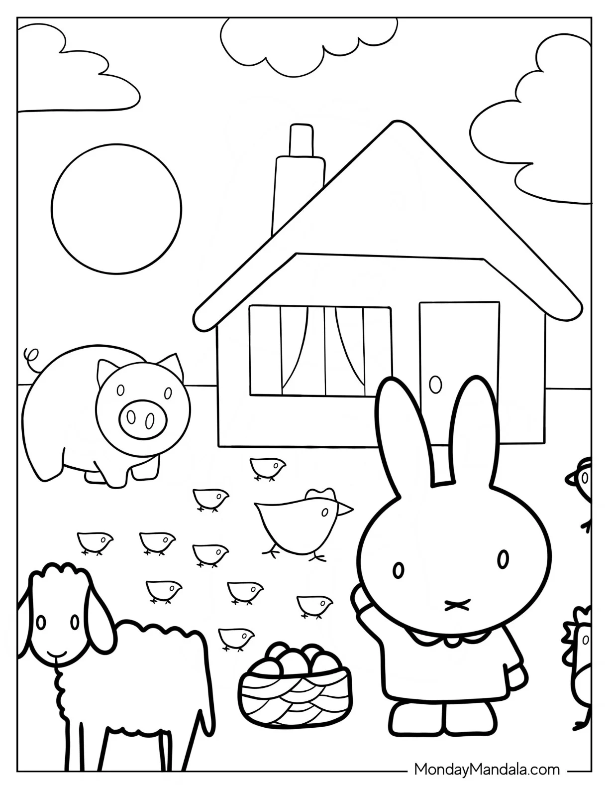 Miffy Coloring Page With Pig And Lamb In A Farm coloring page — printable line art
