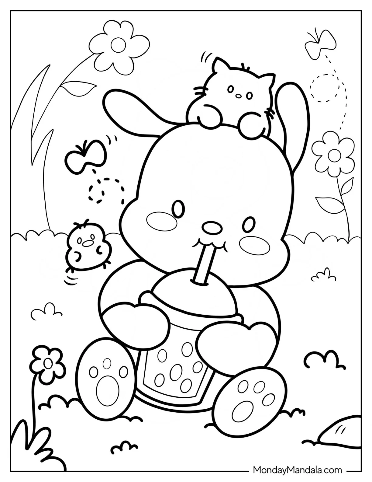 Adorable Pochacco Coloring Page Drinking Boba Tea For Kids coloring page