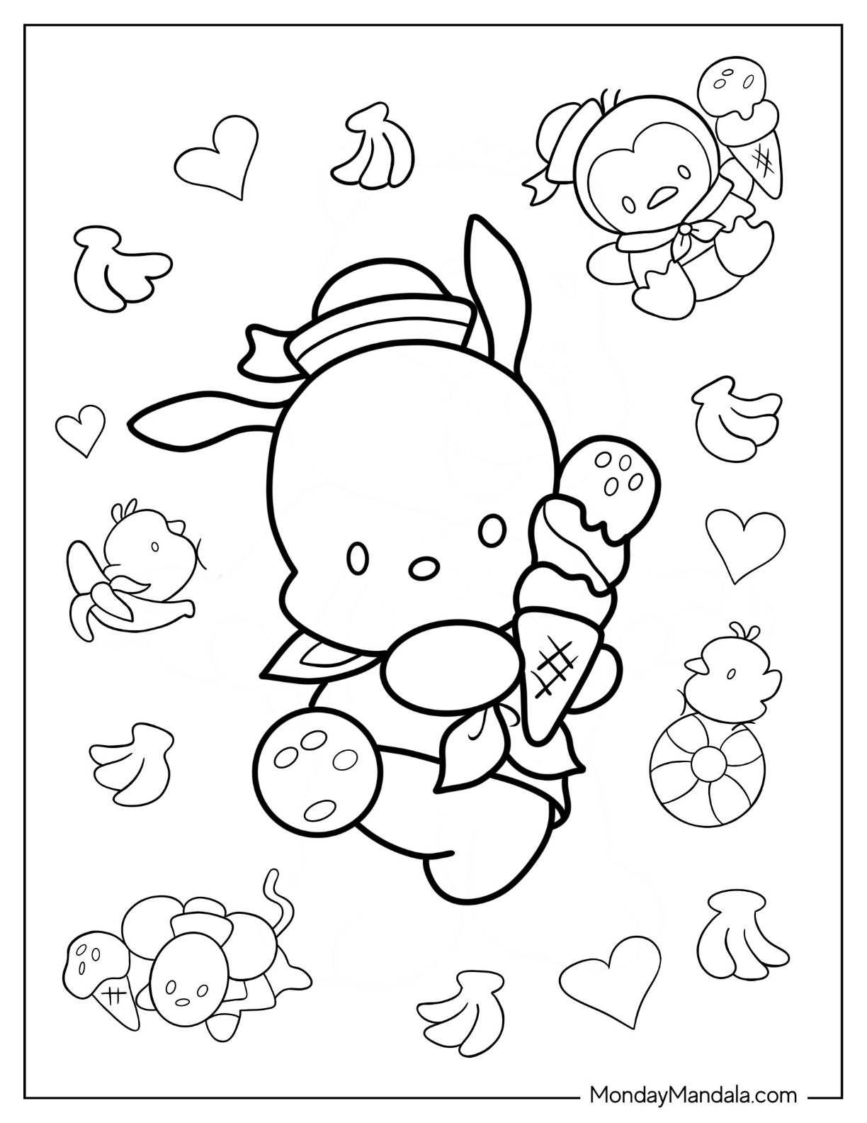 Cute Pochacco Coloring Page In Sailor Outfit Holding Ice Cream Cone For Kids coloring page — printable line art