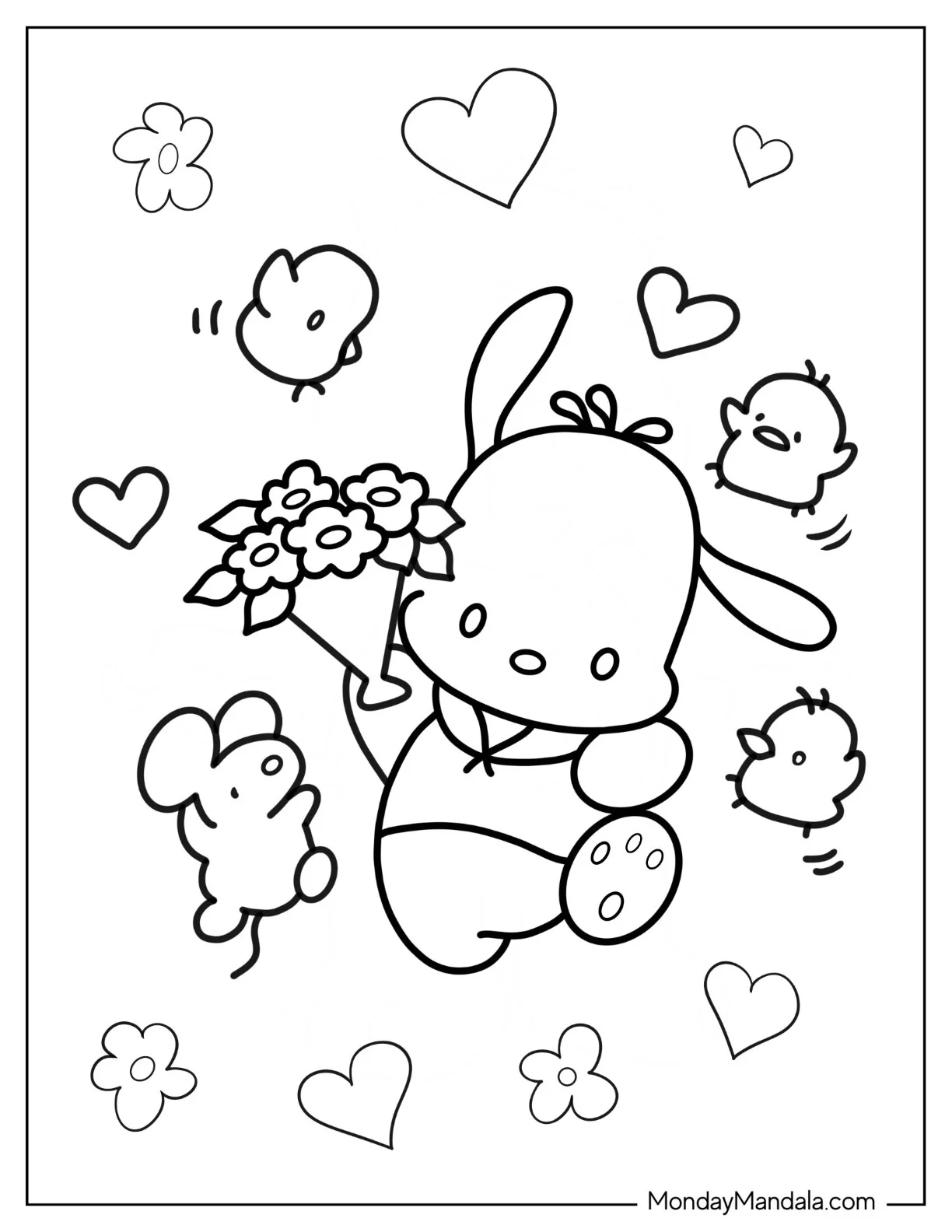 Easy Pochacco Coloring Page Holding Flower Bouquet With Choppy And Chicks coloring page