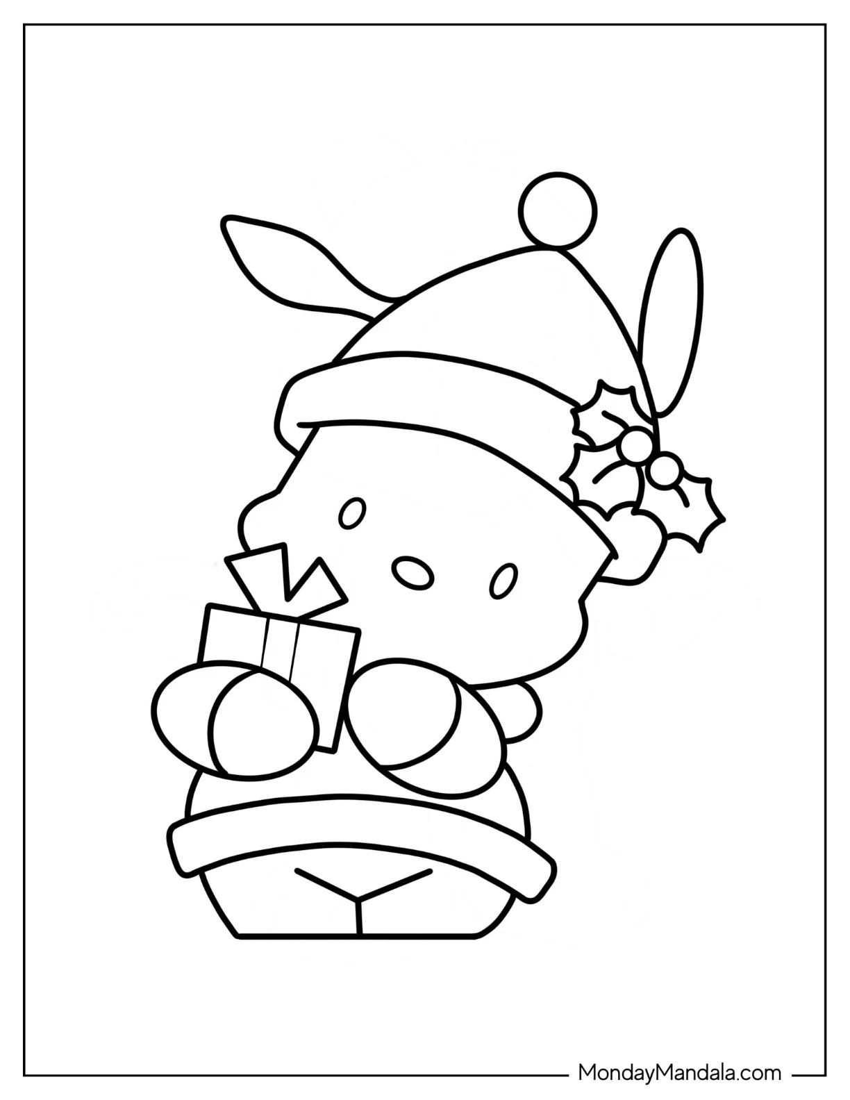 Easy Pochacco Coloring Page In Santa Hat Holding Christmas Present coloring page