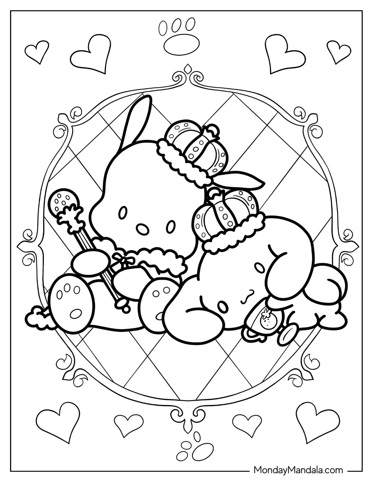 Kawaii Pochacco Coloring Page And Cinnamoroll Wearing Crowns For Kids coloring page — printable line art