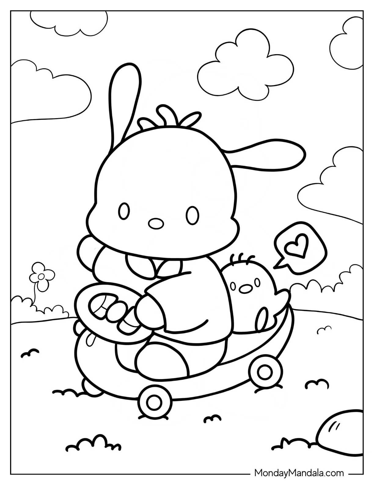 Pochacco Coloring Page And Friend Riding a Scooter On The Grass coloring page