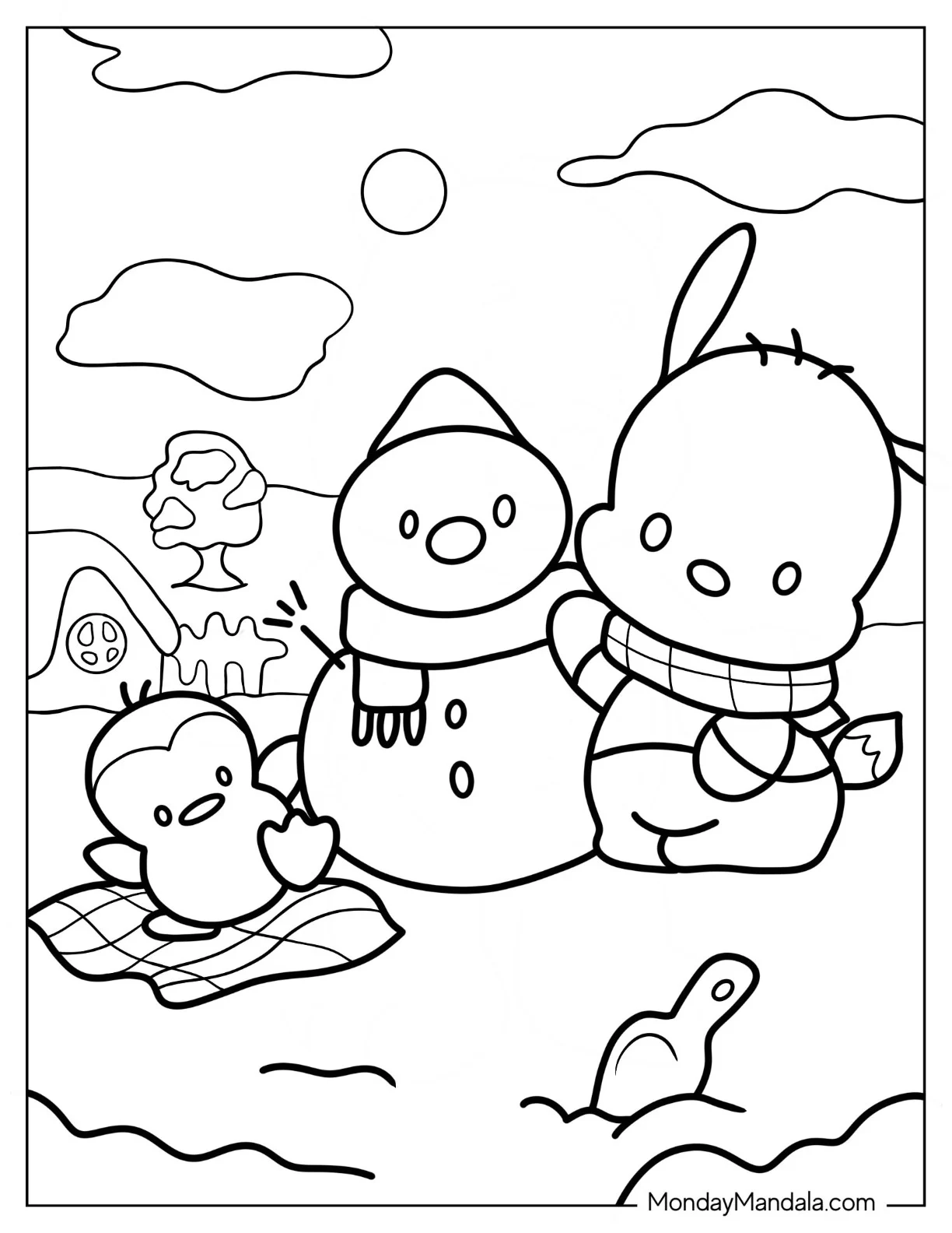Pochacco Coloring Page And Penguin Making Snow Man For Kids coloring page