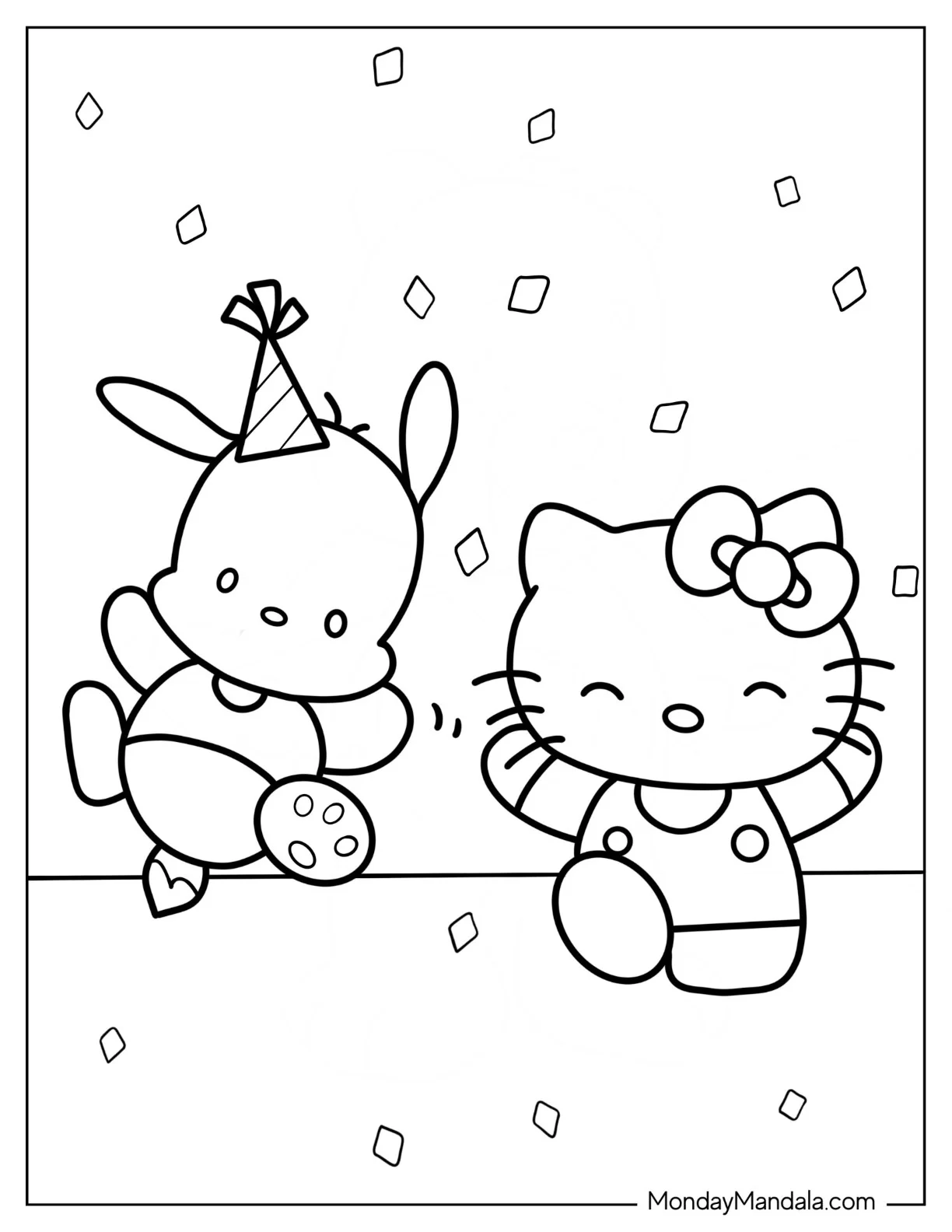 Pochacco Coloring Page Dancing With Hello Kitty coloring page — printable line art