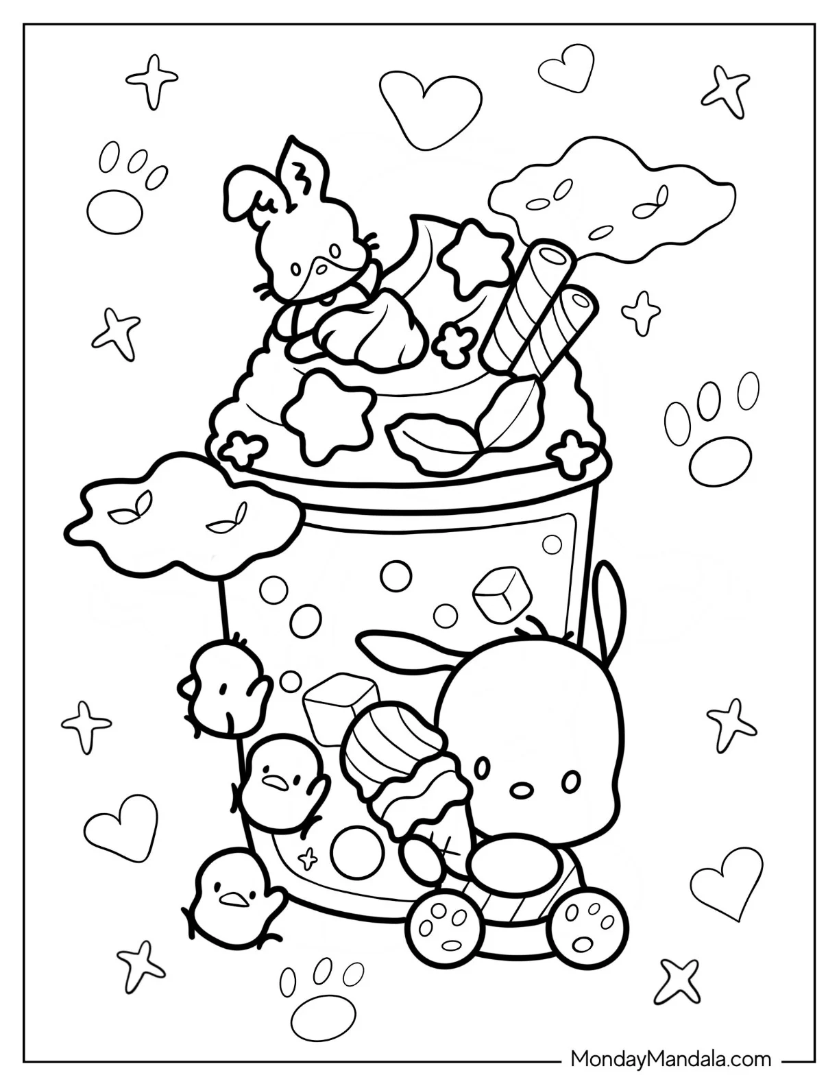 Pochacco Coloring Page Eating Sweets With Choppy On Top Of Boba Tea coloring page
