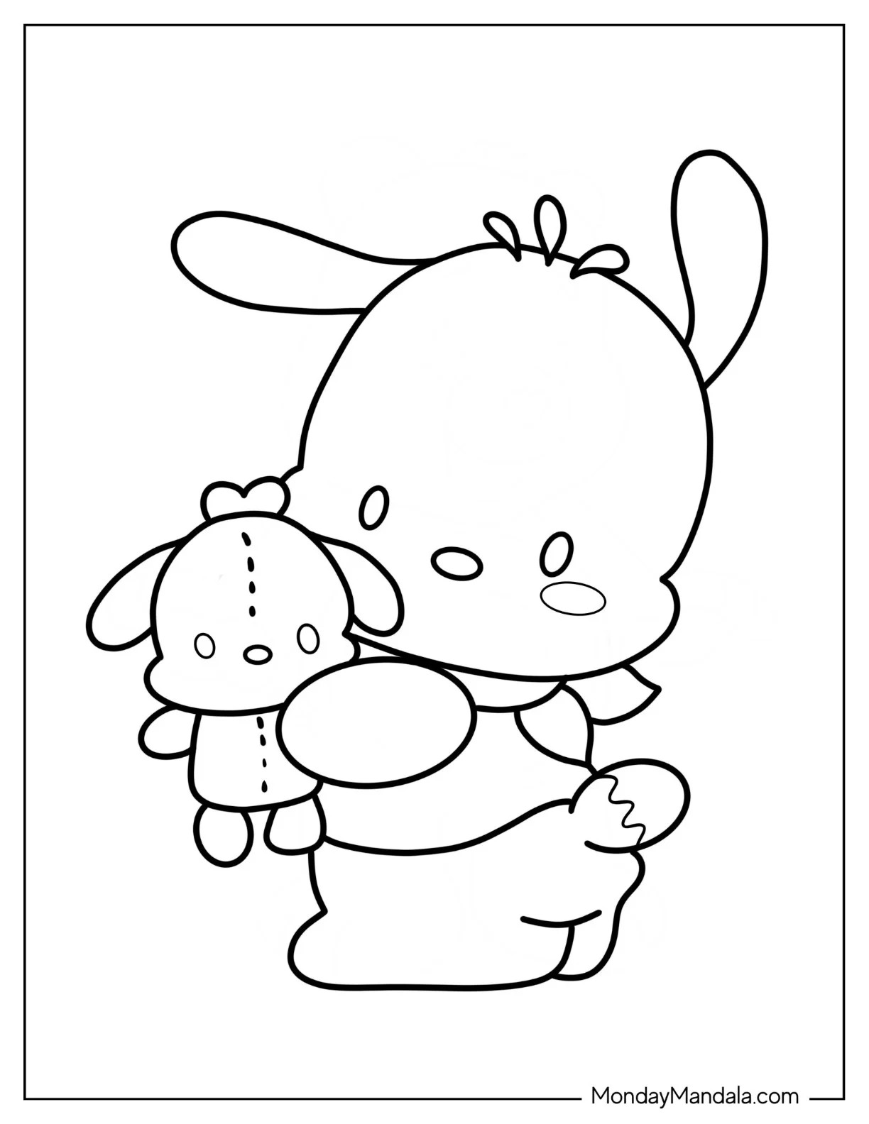 Pochacco Coloring Page Hugging Stuffed Toy For Preschoolers coloring page