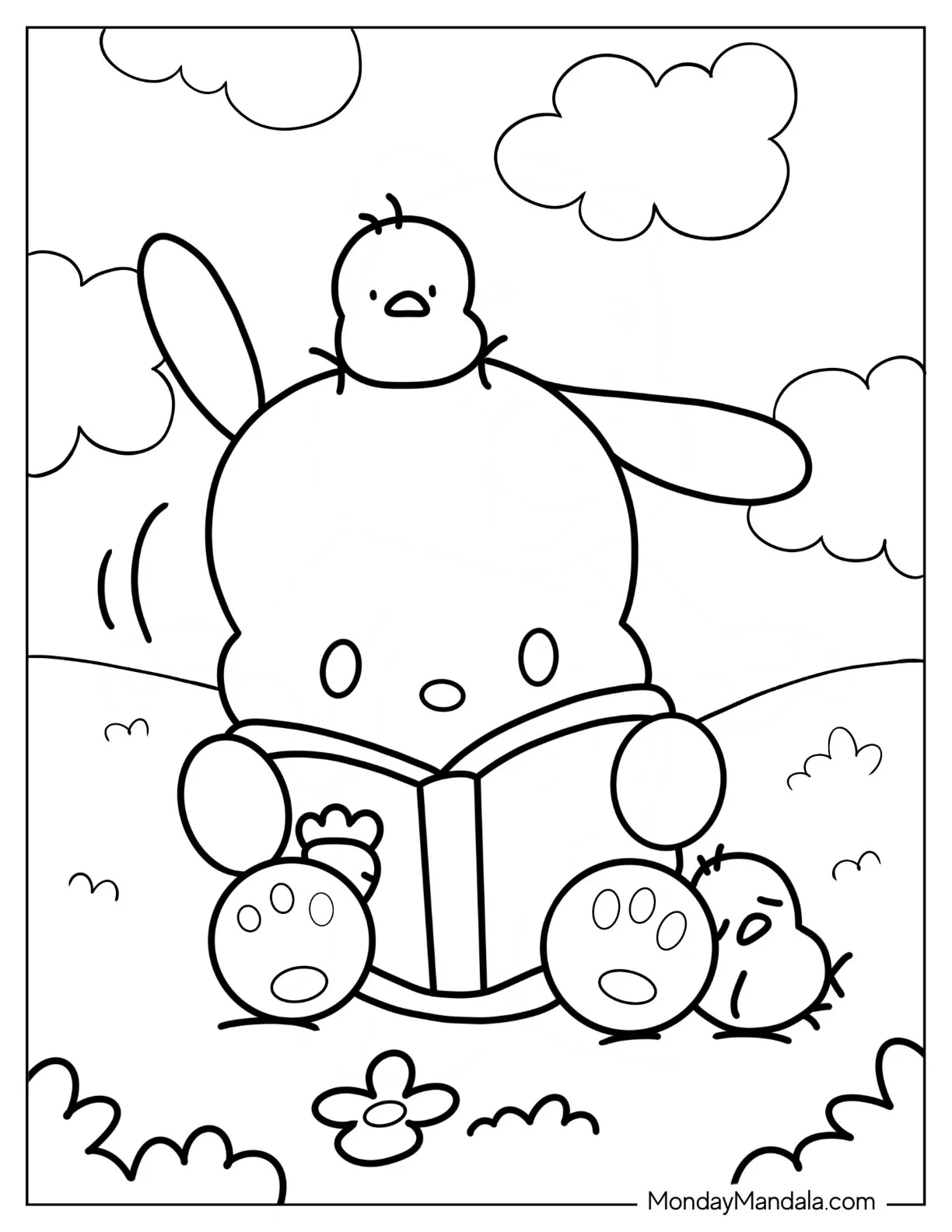 Pochacco Coloring Page Reading Book With Chicks In The Field coloring page