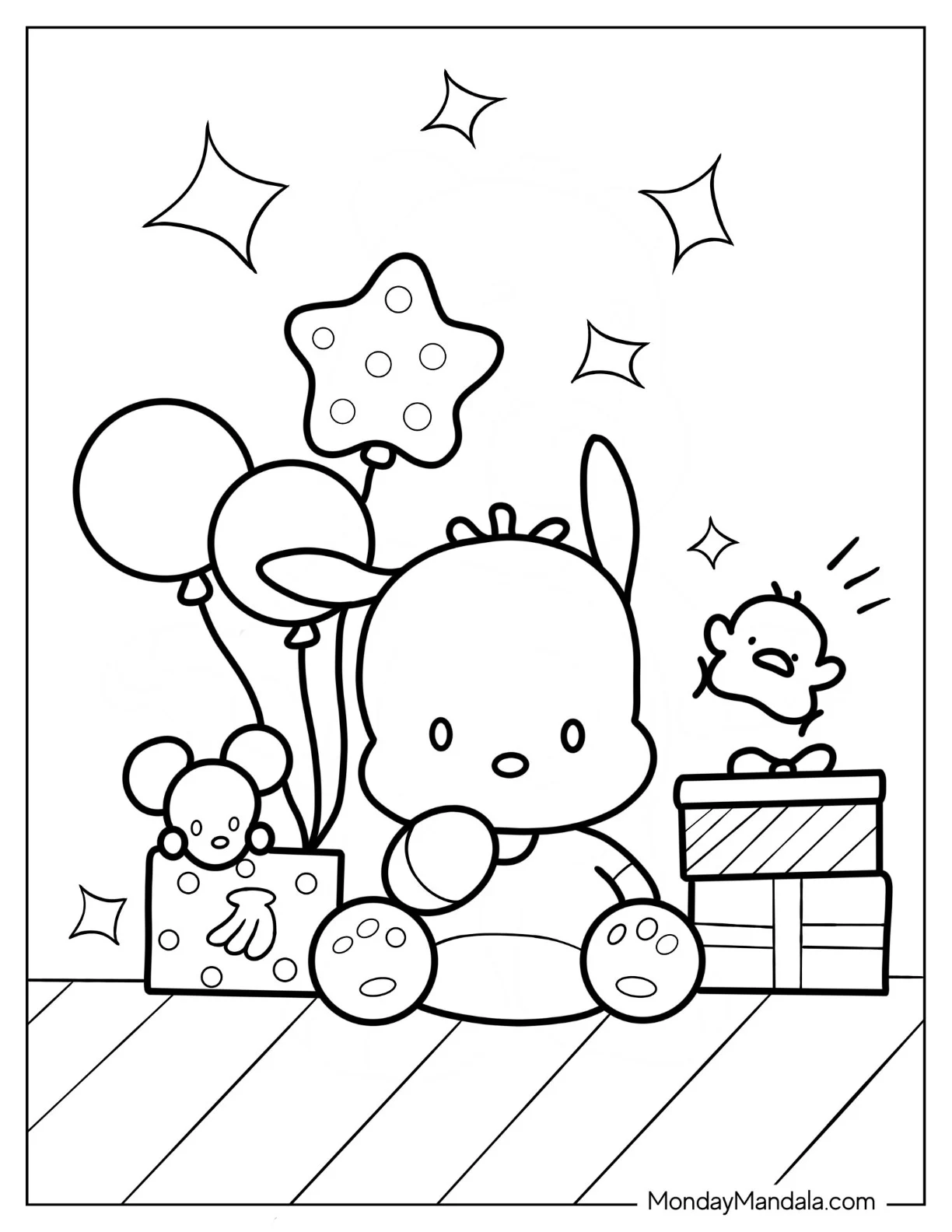 Pochacco Coloring Page Sitting On Floor With Birthday Presents And Balloons coloring page