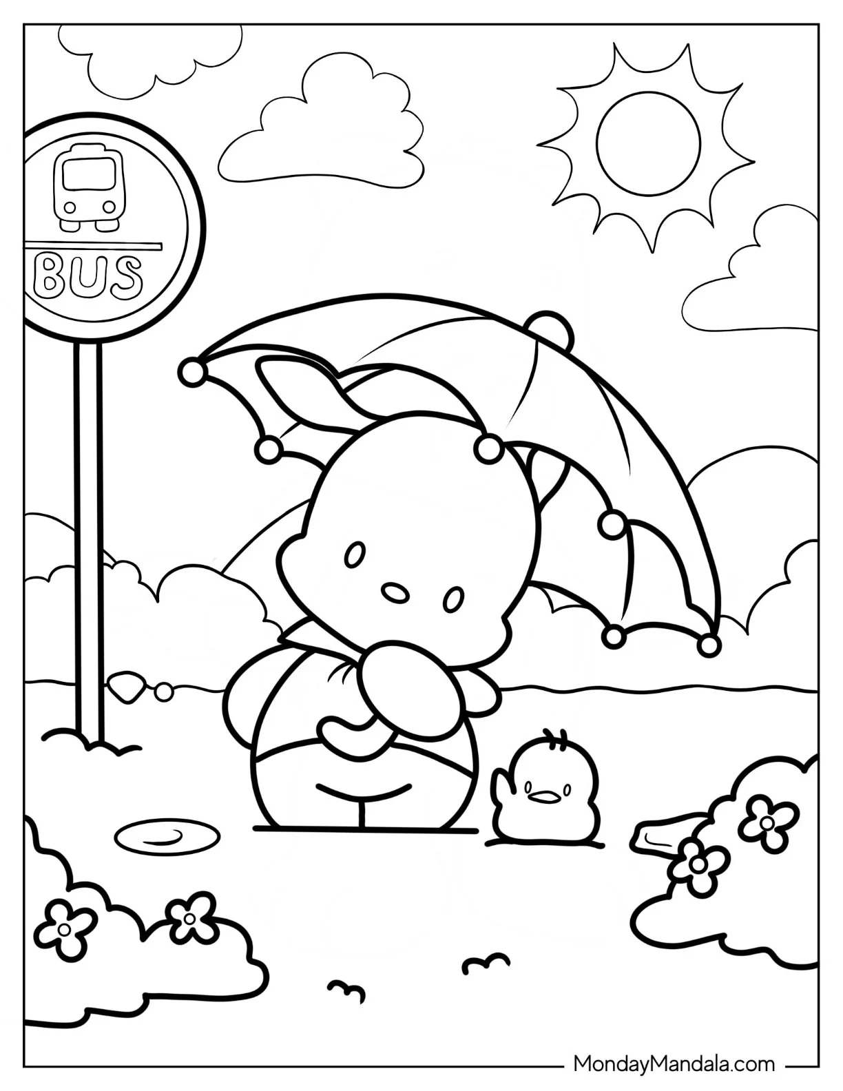Pochacco Coloring Page Waiting At Bus Stop With Umbrella coloring page