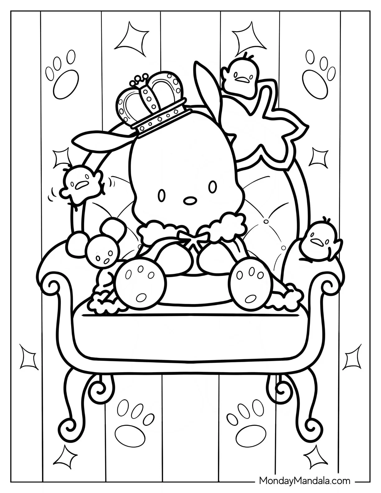 Pochacco Coloring Page Wearing Crown While Sitting On Chair With Choppy And Chicks coloring page