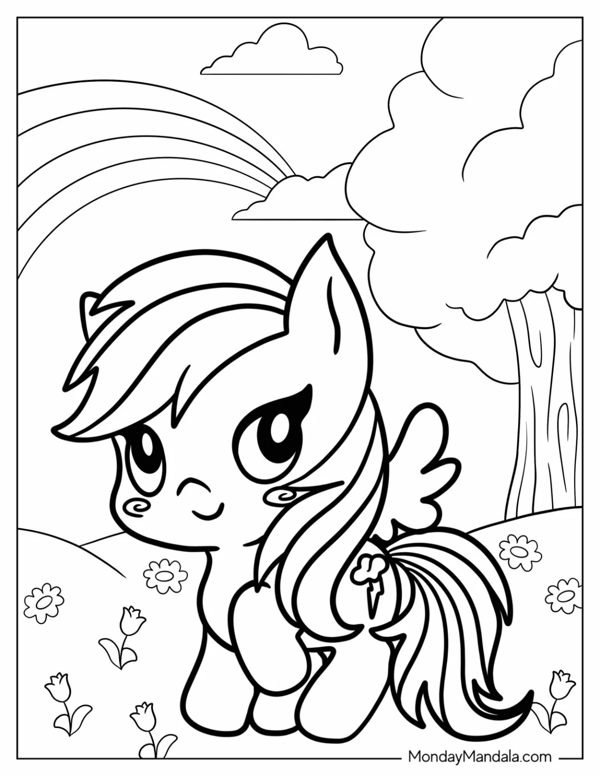Kawaii Rainbow Dash Coloring Page In Flower Field For Preschoolers coloring page — printable line art